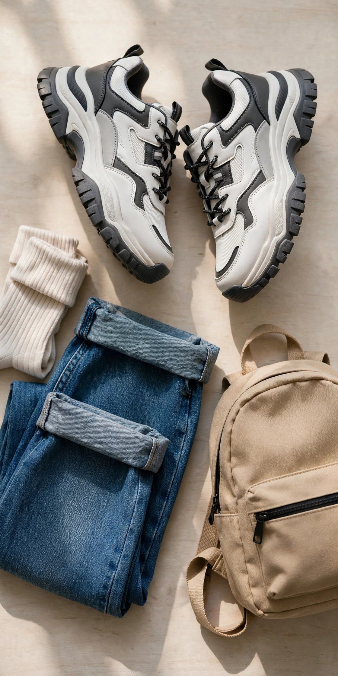 Flat lay of chunky trainer shoes with rolled jeans, socks and a small backpack