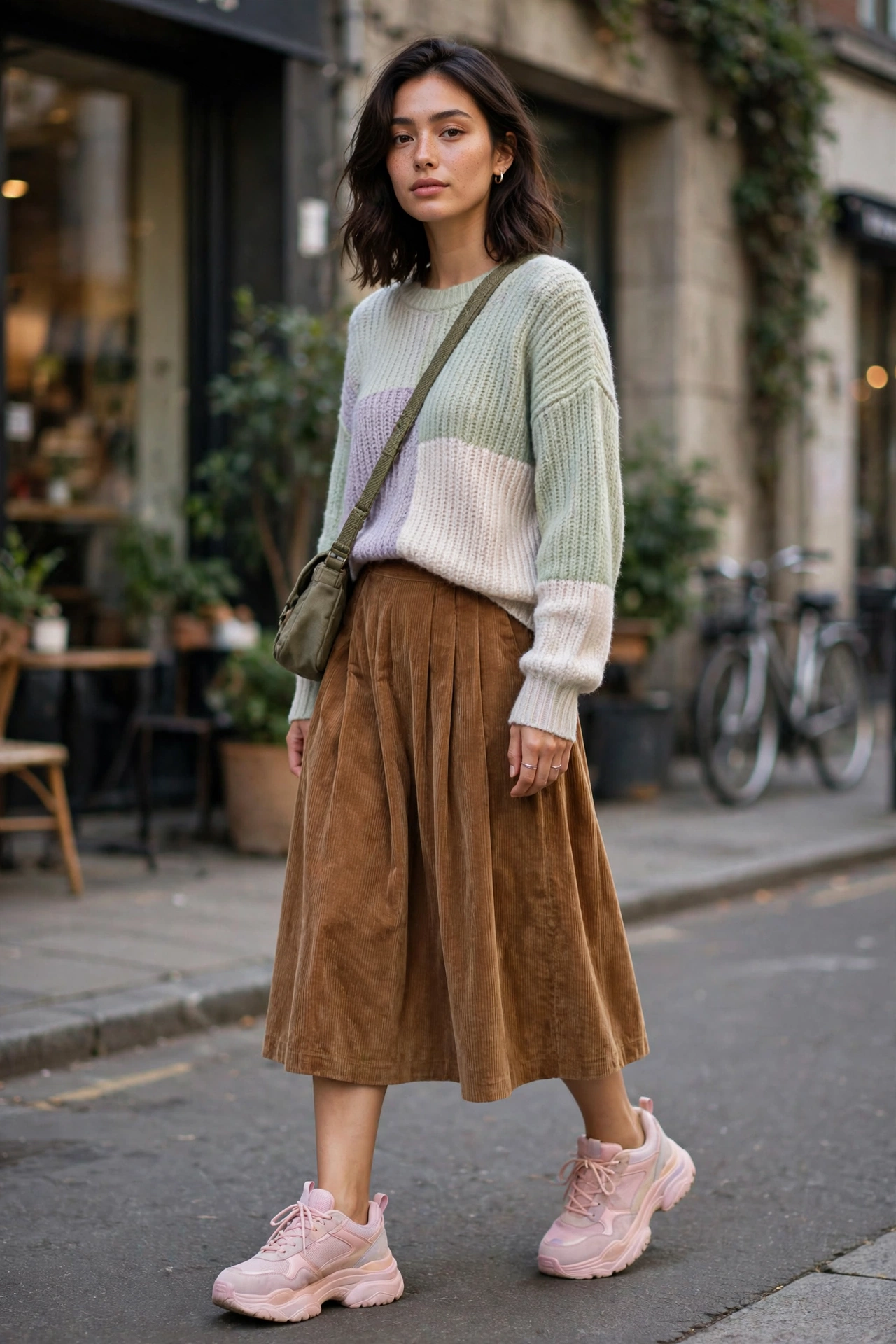 Woman wearing pastel pink chunky trainer shoes with a midi skirt and knit top