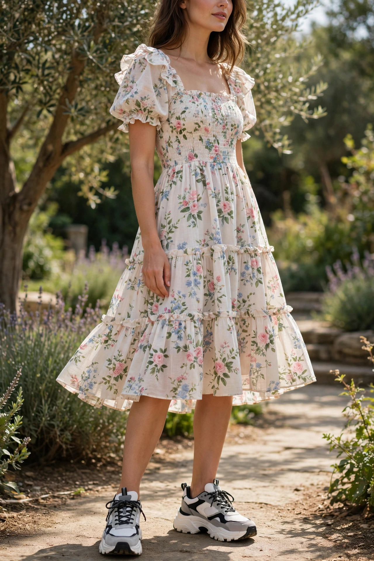 Chunky trainer shoes worn with a floral summer dress, sporty and soft contrast