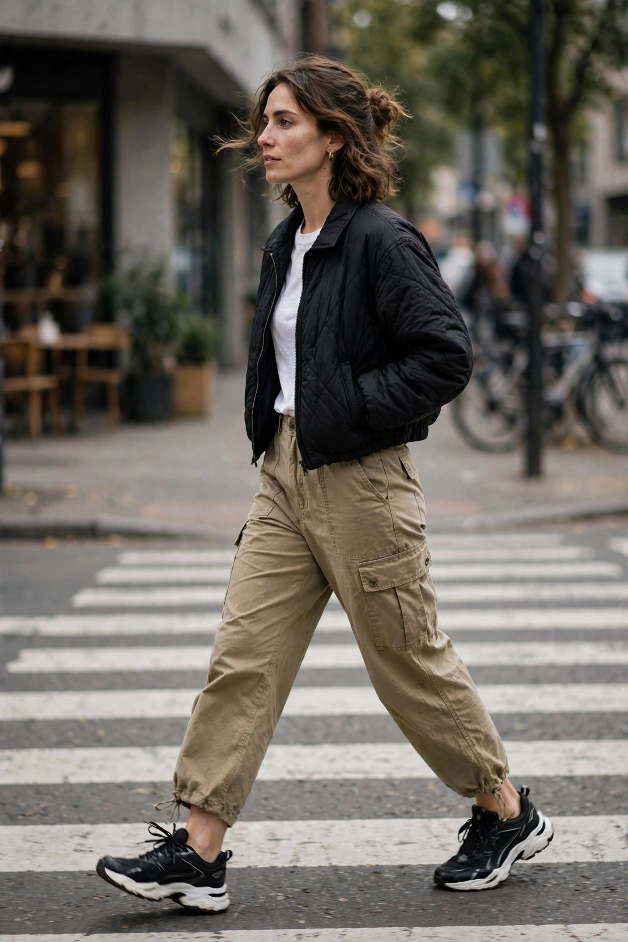 Woman walking a city crosswalk wearing chunky trainer shoes and cargo trousers