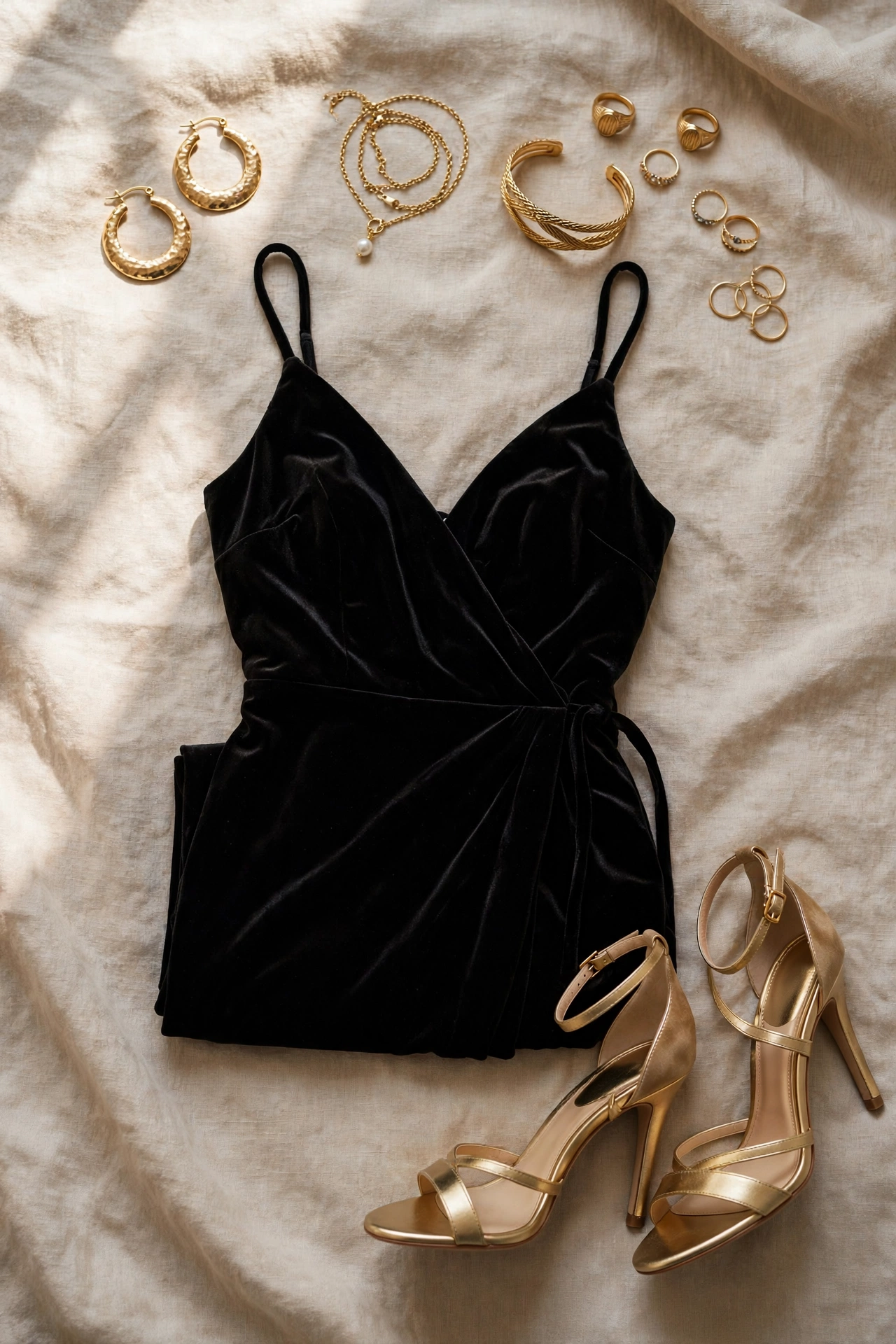 Flat lay of a black velvet cocktail dress with gold heels and gold jewellery