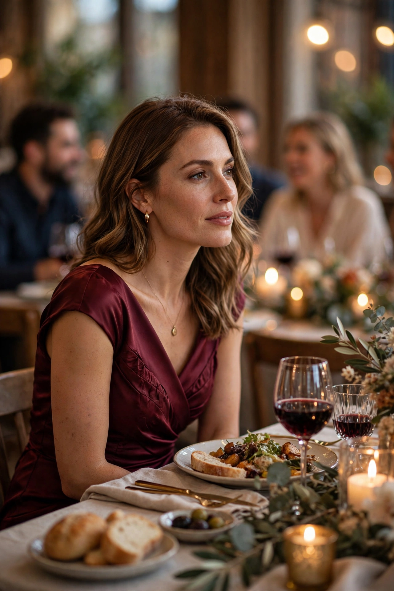 Woman in a burgundy satin cocktail dress seated at a candlelit dinner party table