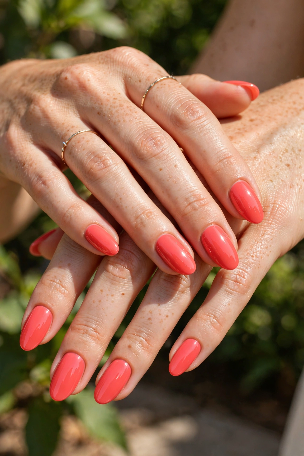 Close-up of hands with glossy coral gel nails in bright daylight, almond shape with a smooth shiny finish