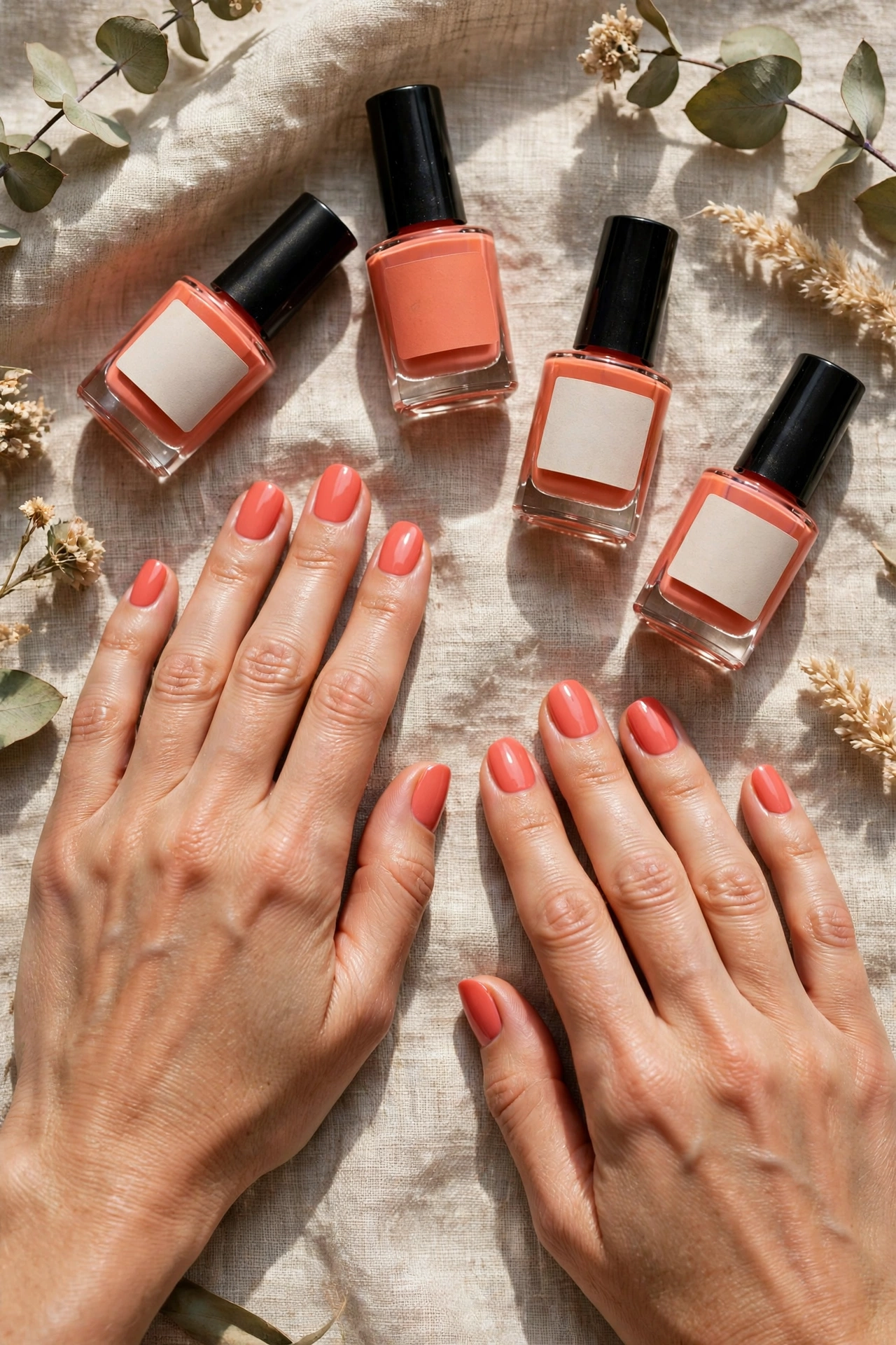 Flat lay of hands with coral gel nails beside coral polish bottles with blank labels on linen in natural light