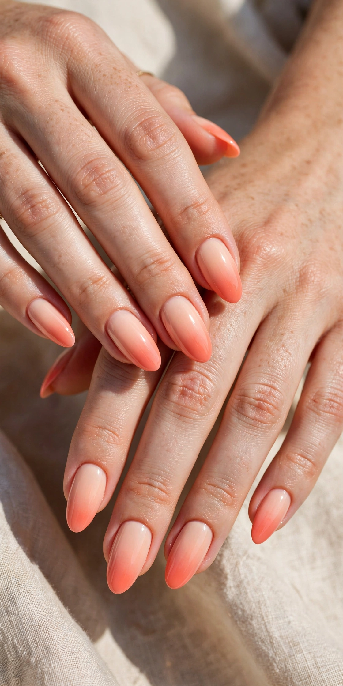 Hands with soft peach to coral ombre gel nails showing a gentle gradient colour variation in sunlight