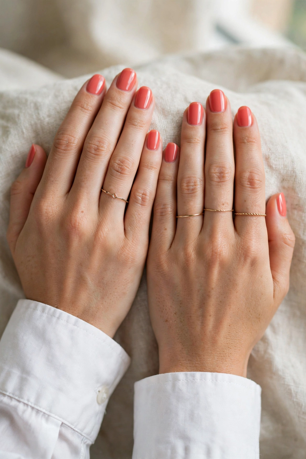 Hands with coral gel nails wearing delicate gold rings and a crisp white shirt cuff