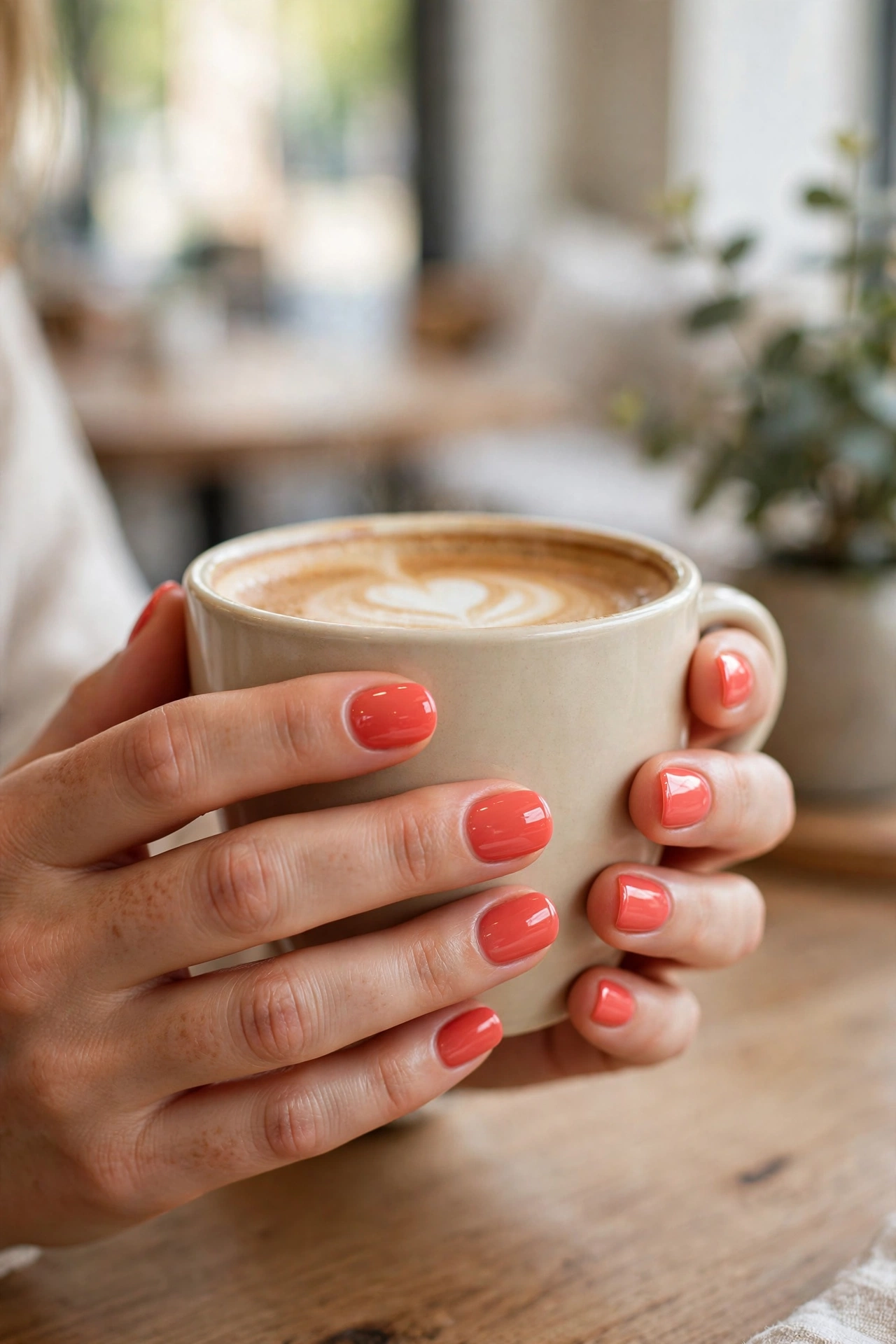 Lifestyle photo of hands holding a coffee cup showing short glossy coral gel nails in a bright cafe
