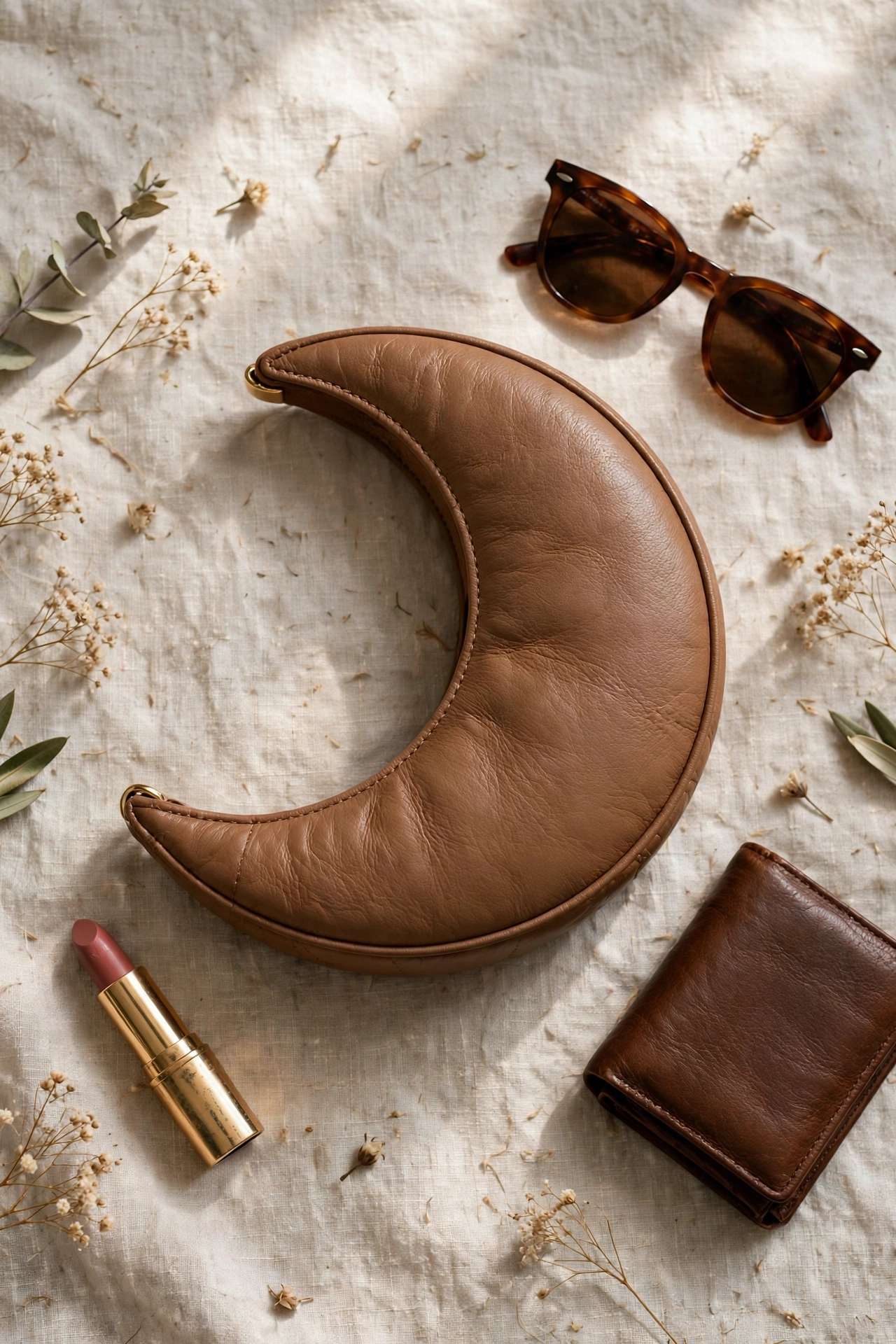 Flat lay of a crescent moon bag with sunglasses, a wallet and a lipstick