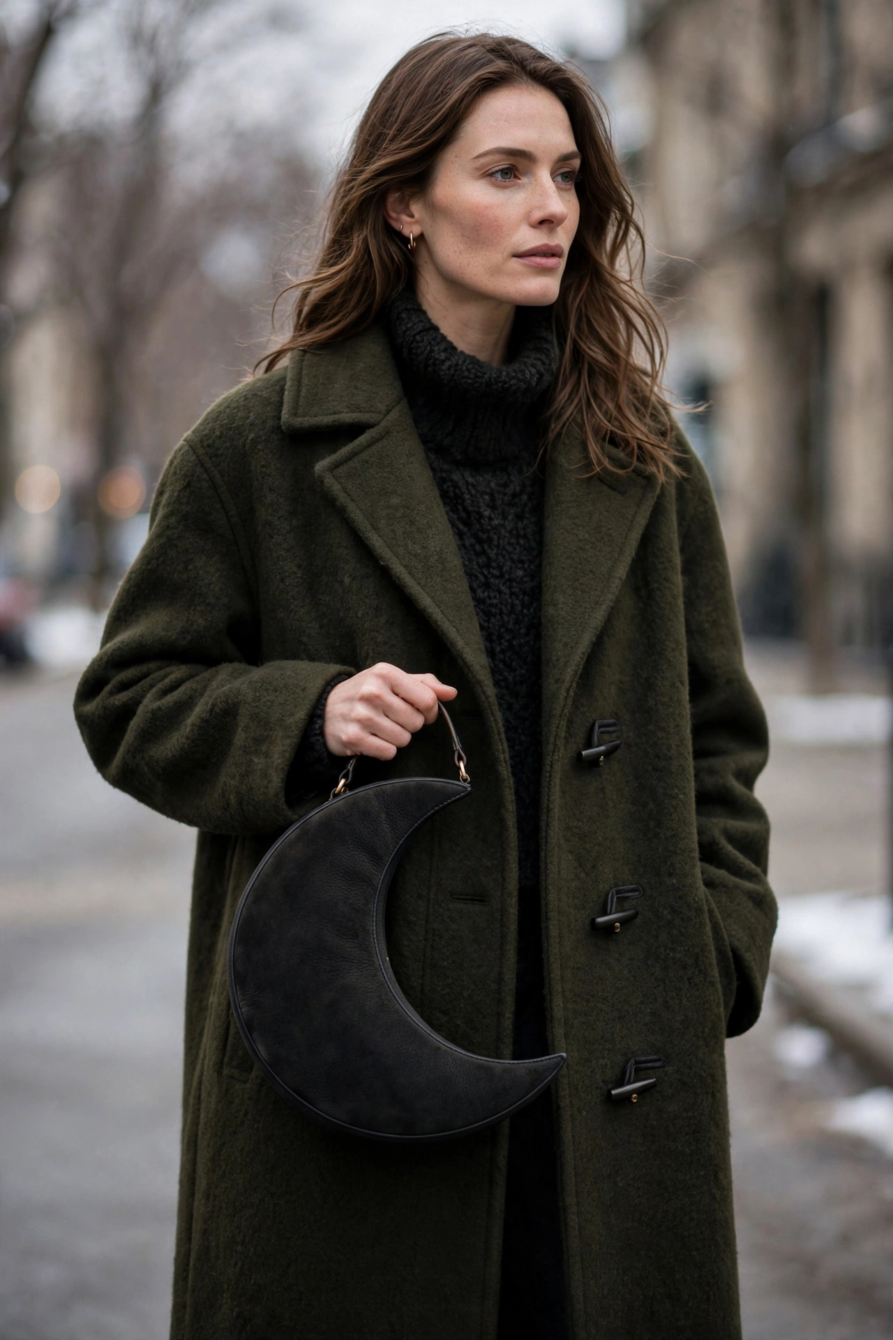 Woman carrying a crescent moon bag by hand over a long winter coat