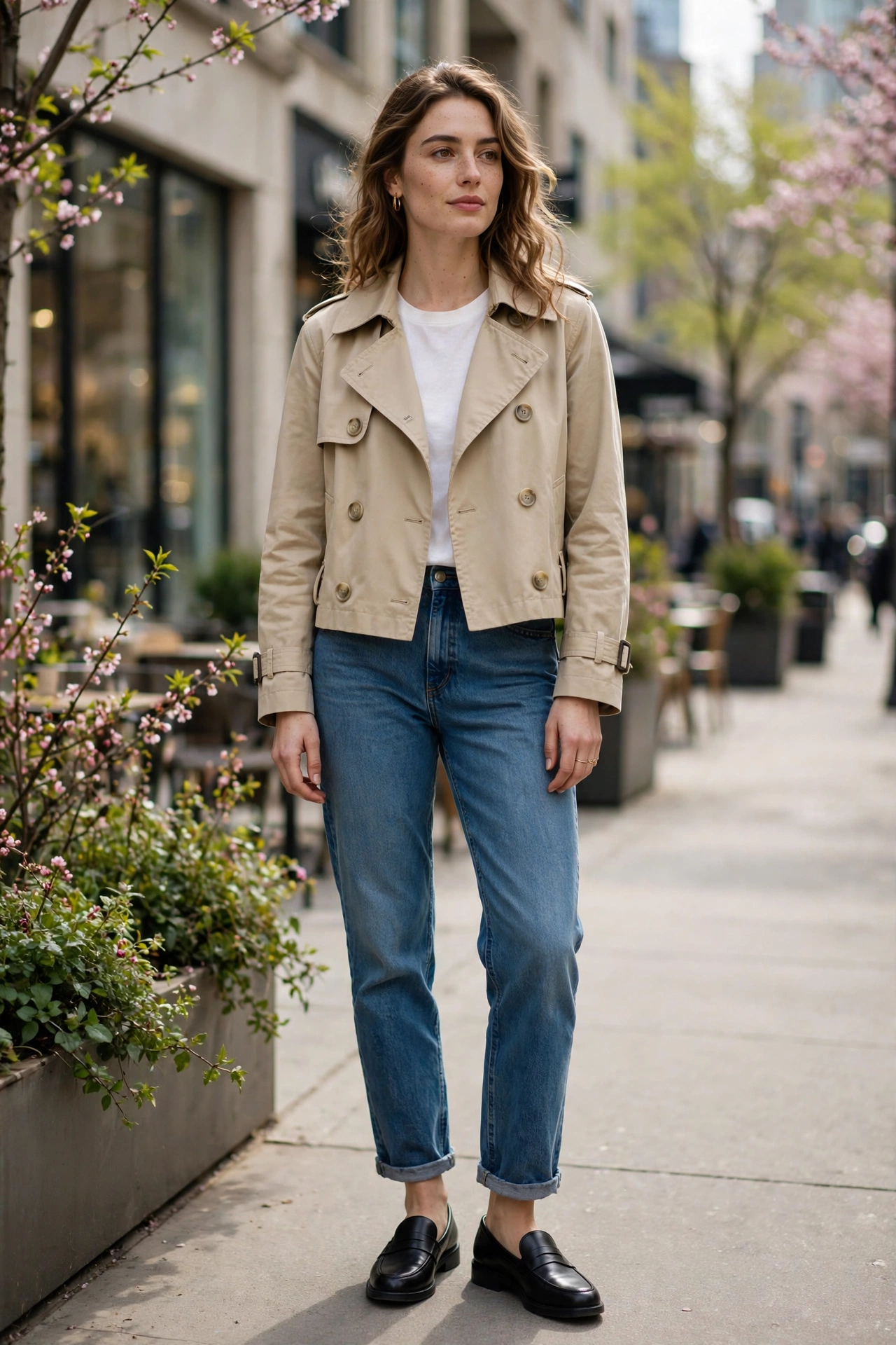 Woman wearing a beige cropped trench coat with a white top, straight-leg jeans and black loafers on a spring city sidewalk