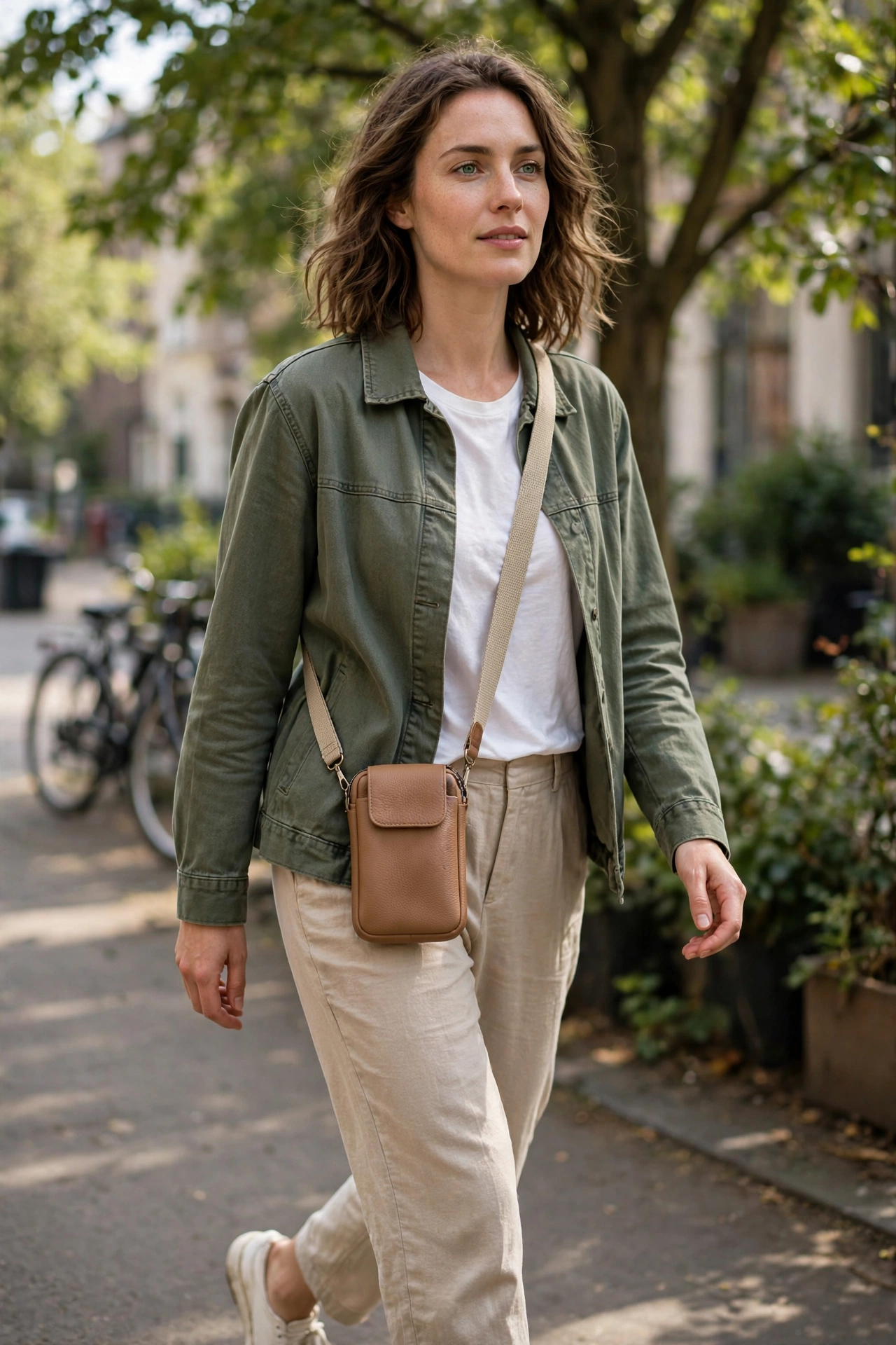 Woman walking outdoors carrying a small crossbody phone bag across a casual outfit