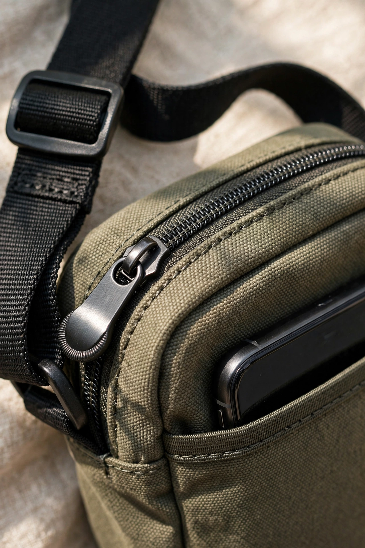 Close-up detail of a small crossbody phone bag showing zip, strap and phone pocket
