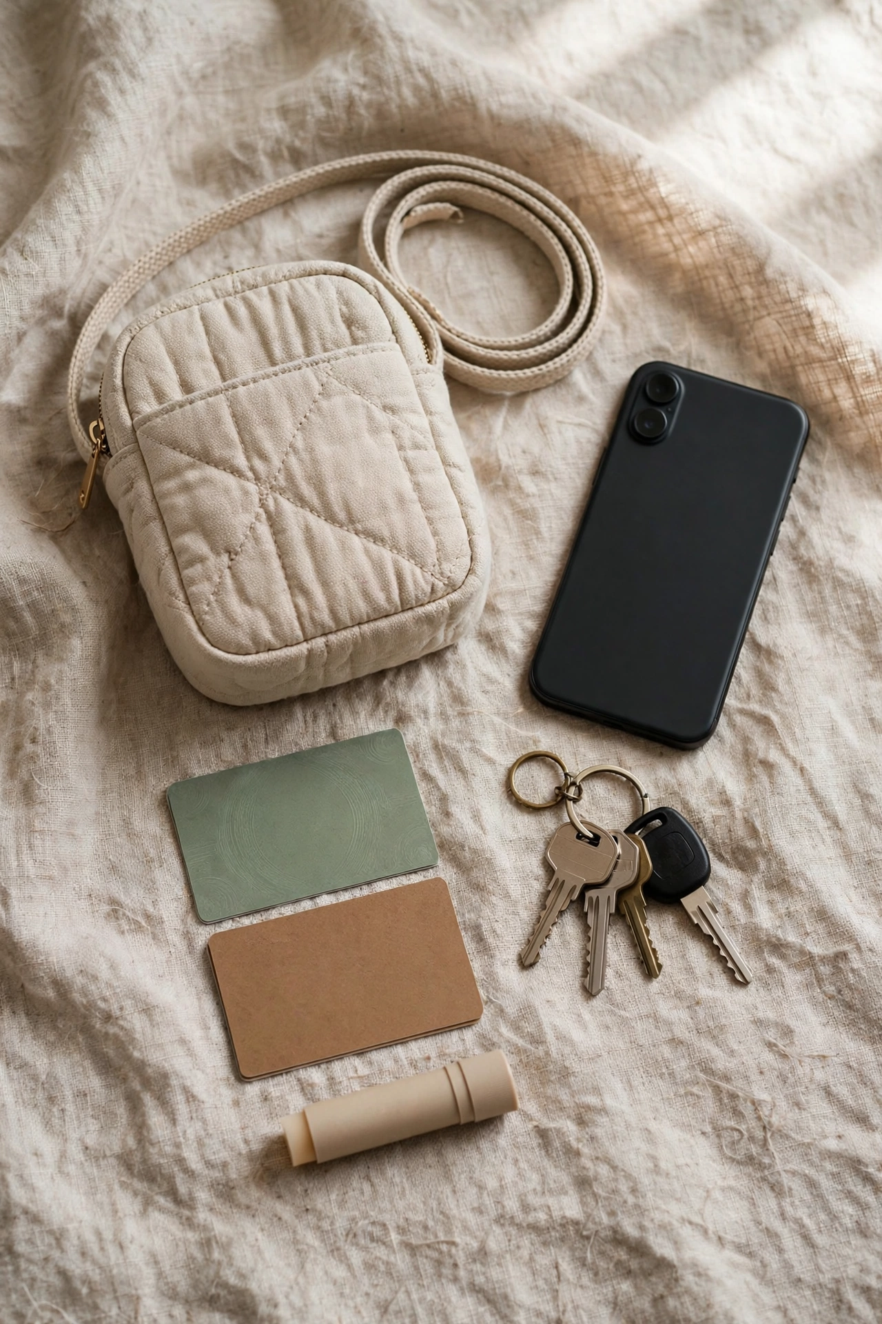 Flat lay of a small crossbody phone bag with phone, keys, lip balm and cards