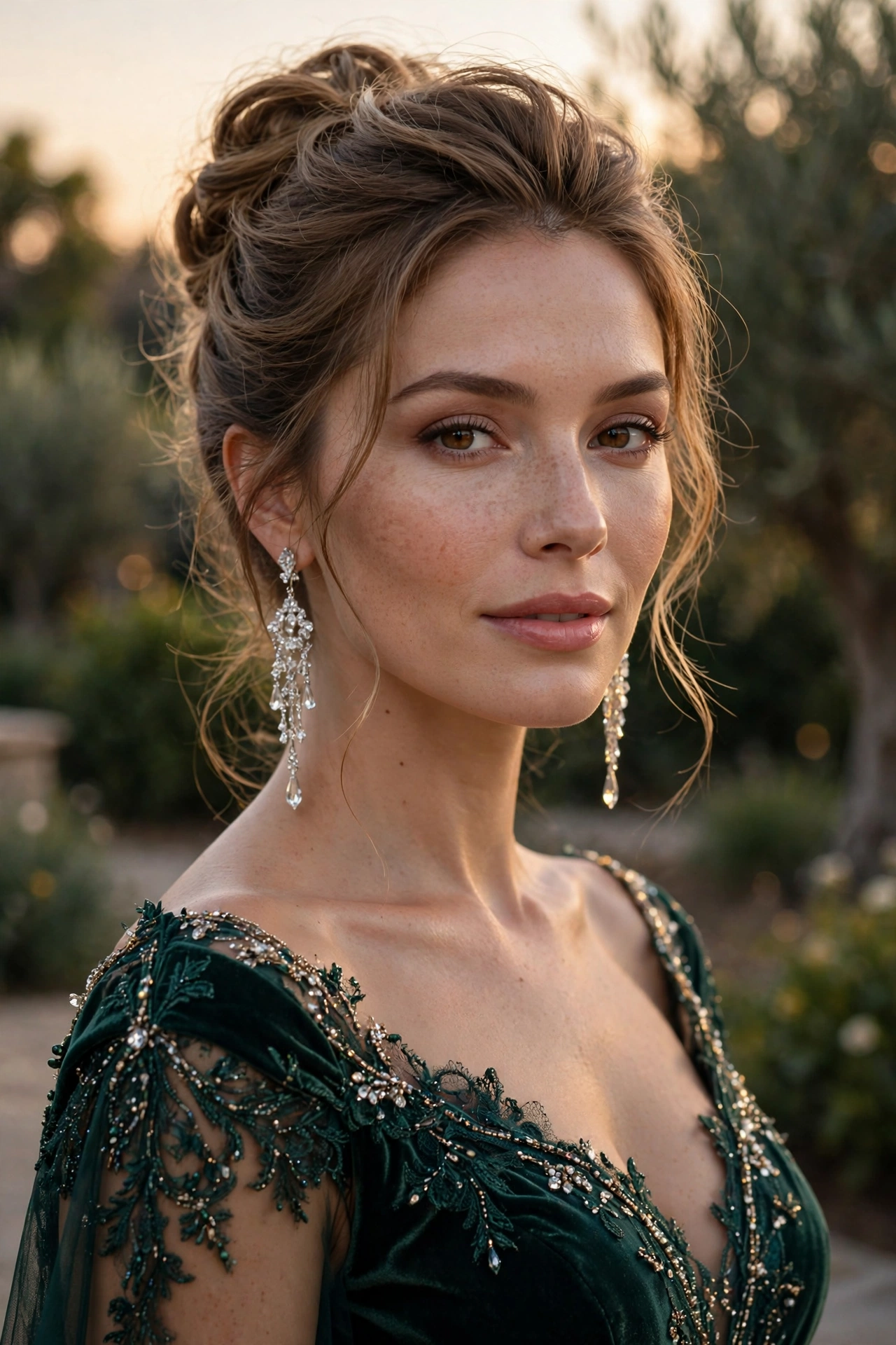 Woman wearing long crystal drop earrings with an elegant evening dress, hair swept up