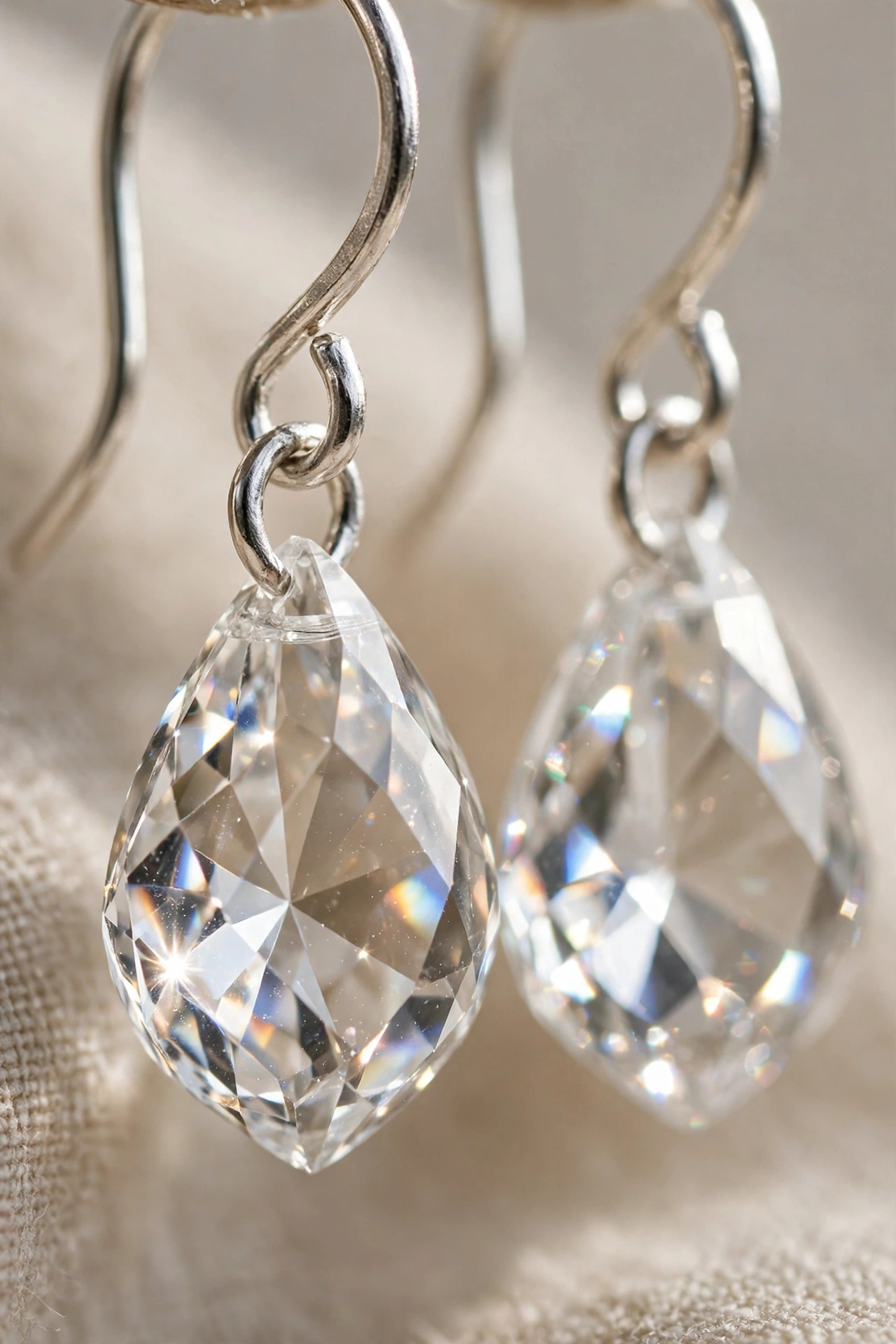 Extreme close-up of crystal drop earrings showing faceted crystals and silver hooks