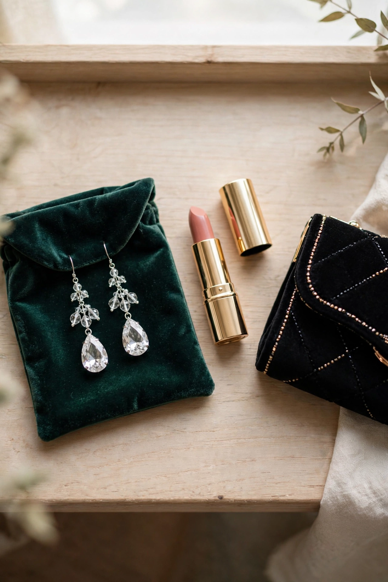 Flat lay of crystal drop earrings on a velvet pouch beside a lipstick and evening clutch