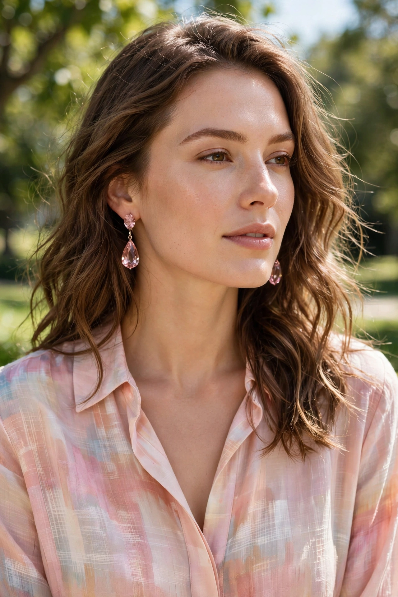 Woman wearing rose-tinted crystal drop earrings with a blush pink blouse in daylight