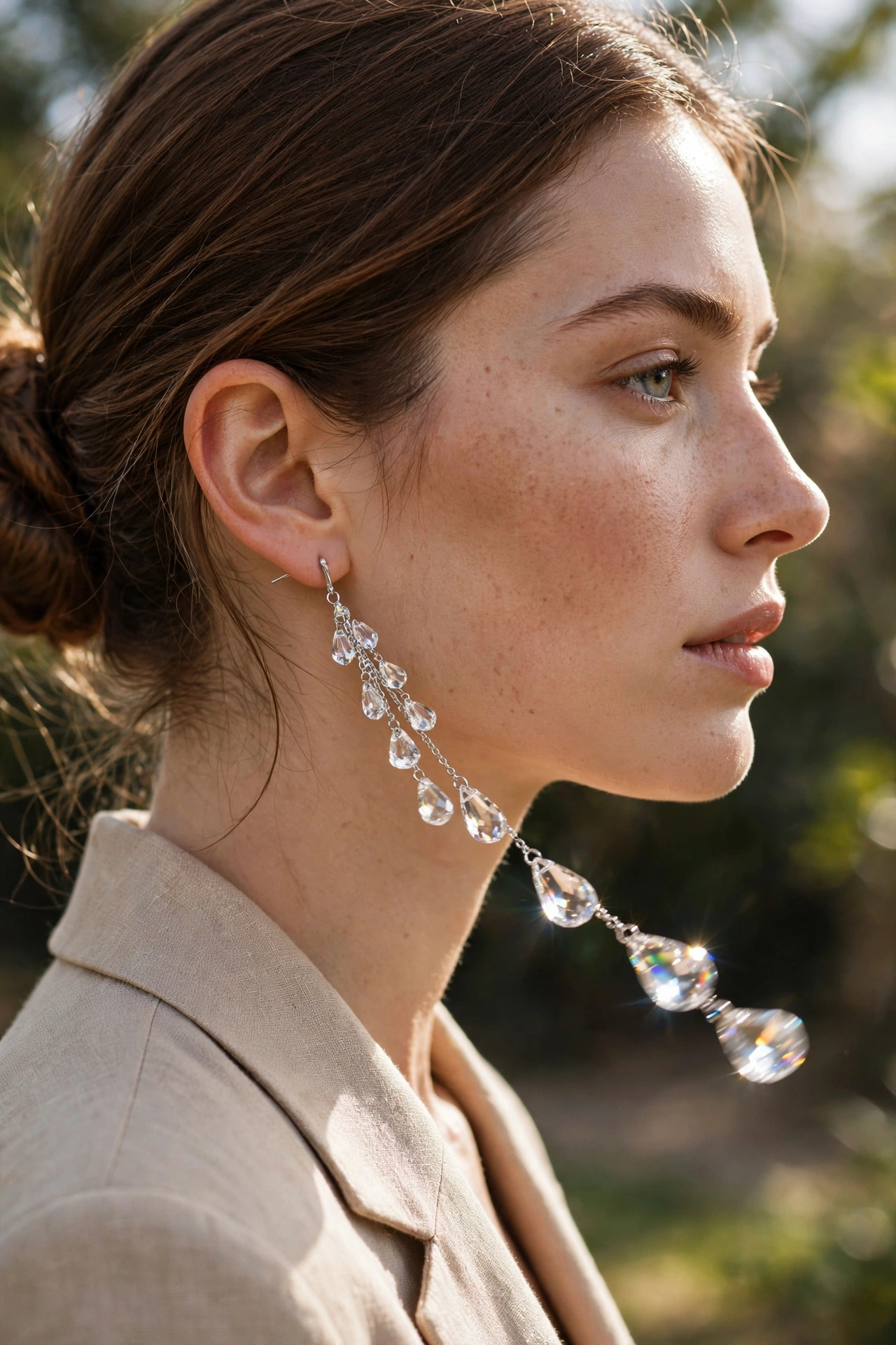Side profile of a woman wearing crystal drop earrings with hair in a low bun