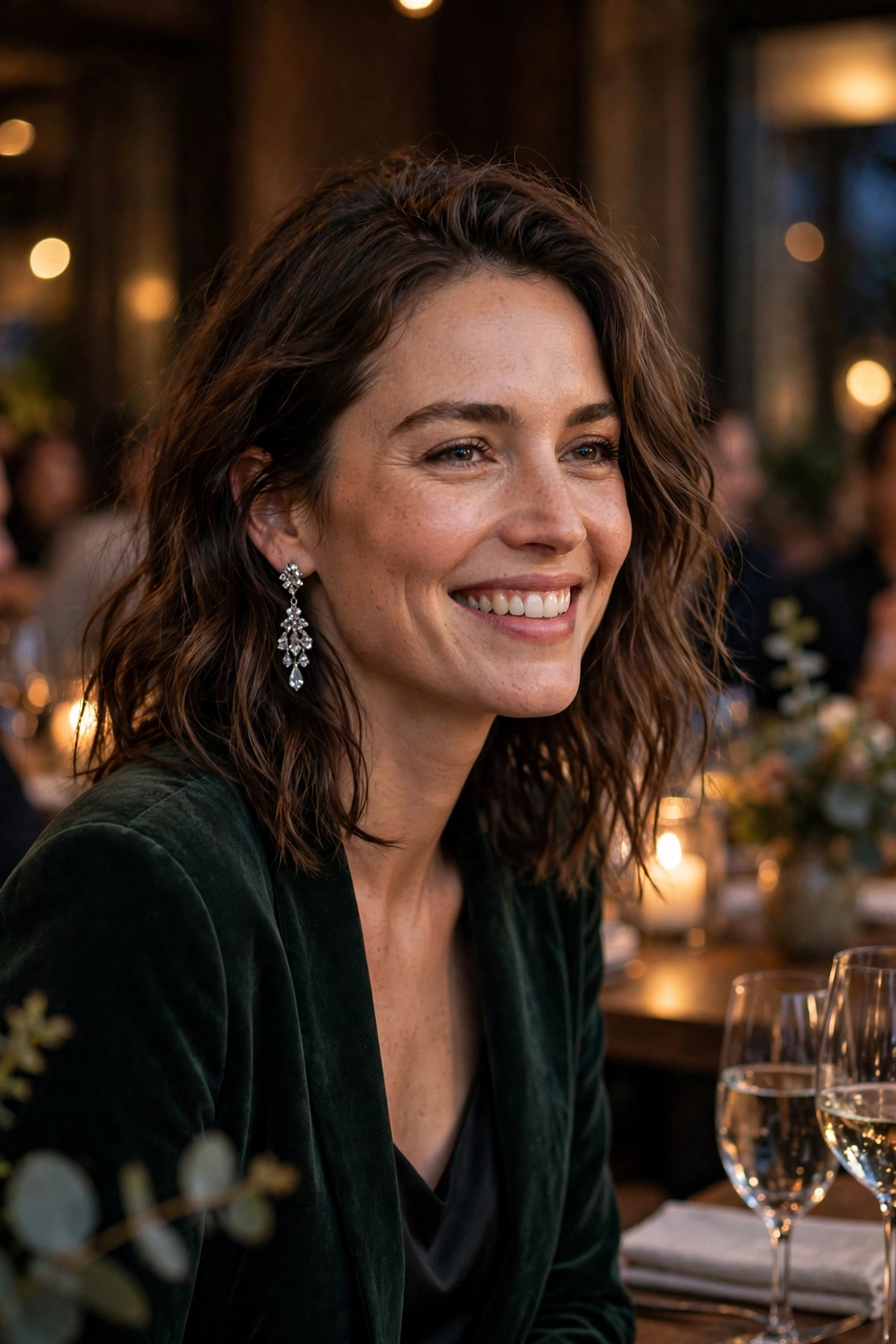 Woman at an evening dinner party wearing crystal drop earrings in warm restaurant light