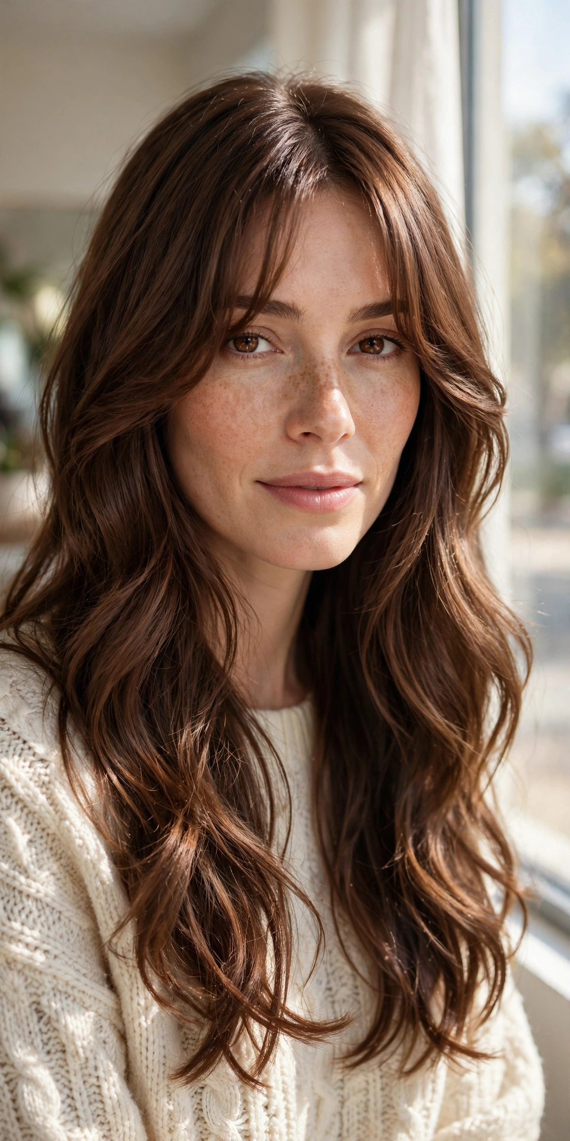 Long chestnut hair with soft curtain bangs and face-framing layers