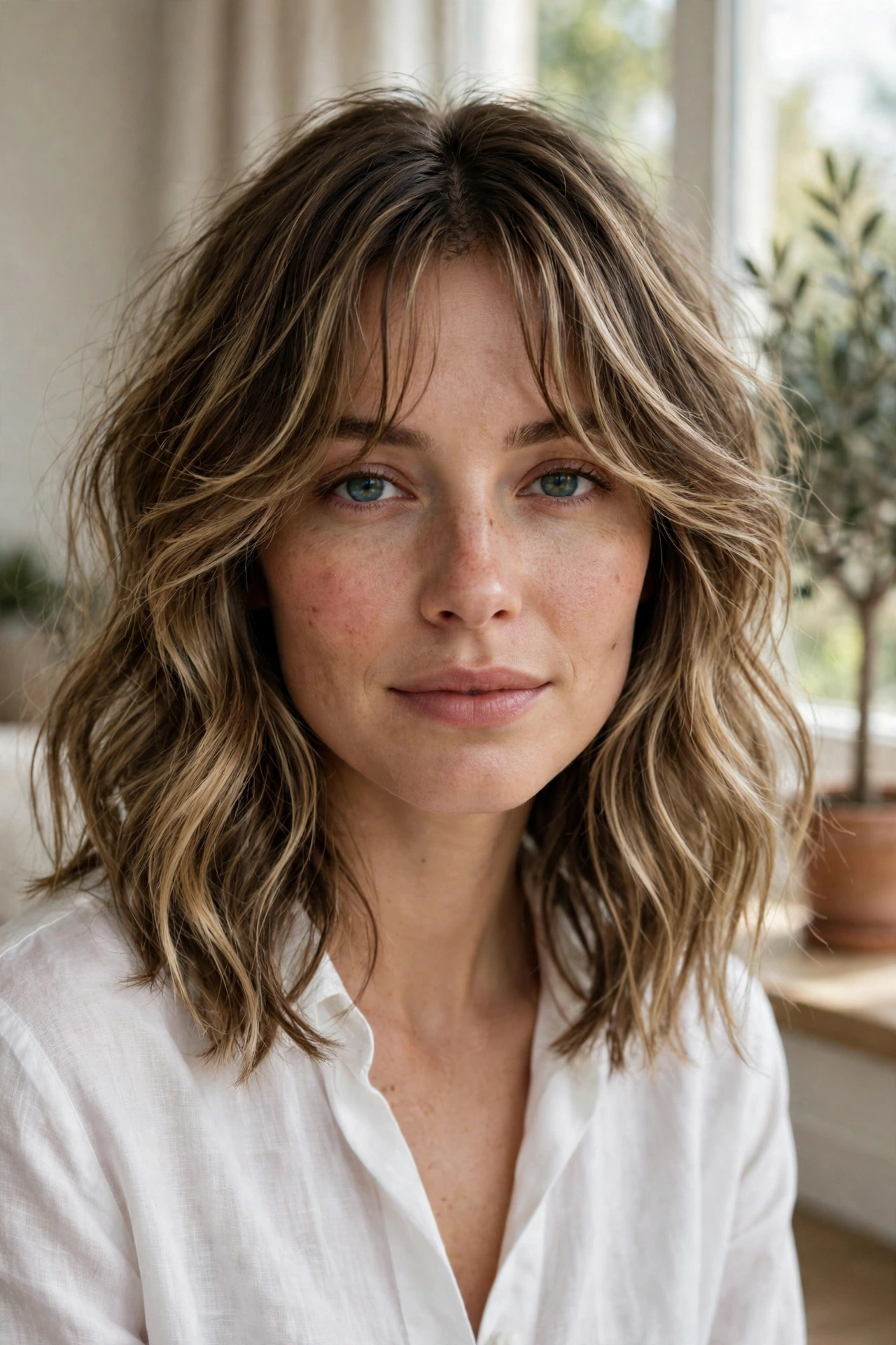 Medium-length hair with wispy curtain bangs and soft waves
