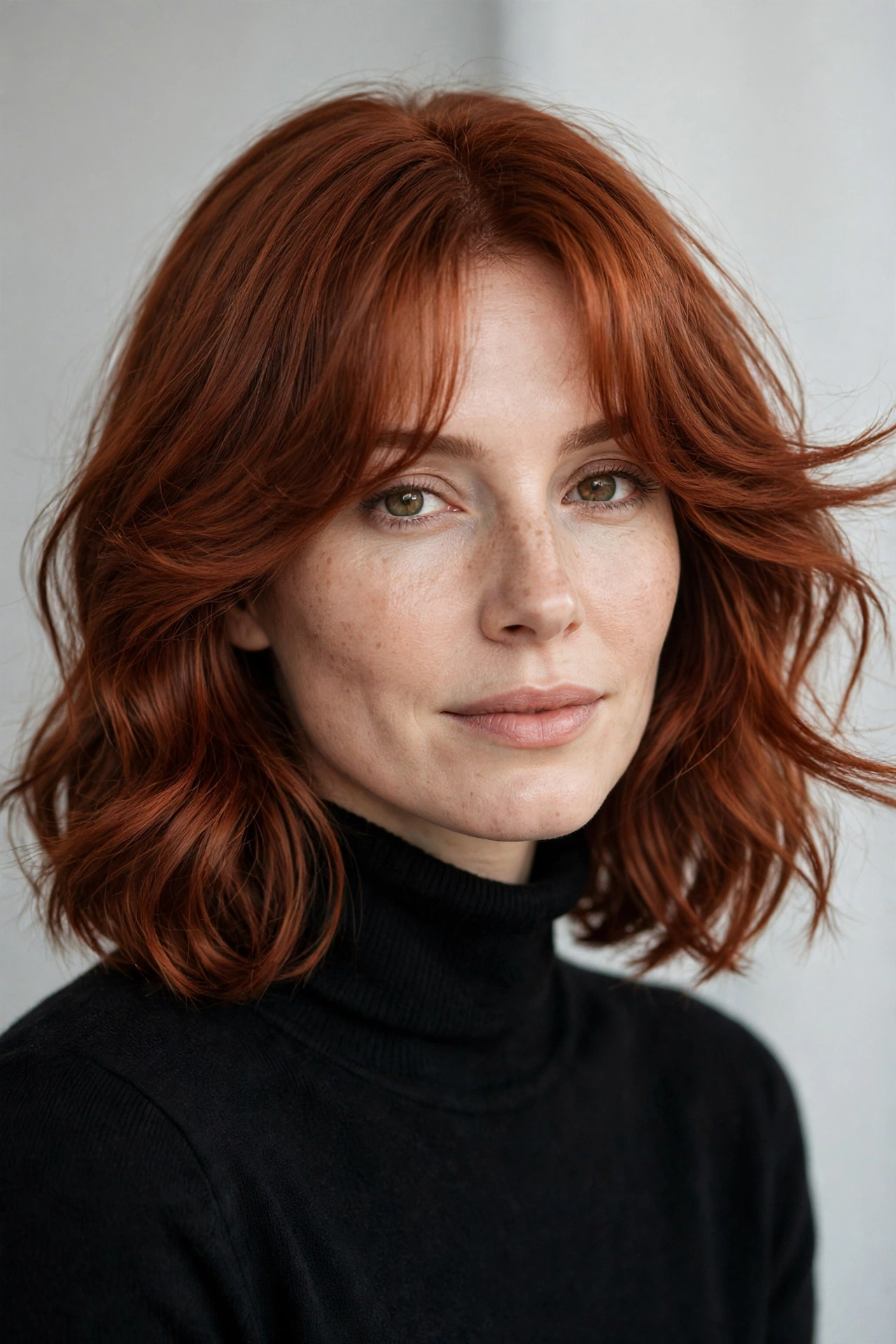 Shoulder-length lob with airy curtain bangs in auburn hair