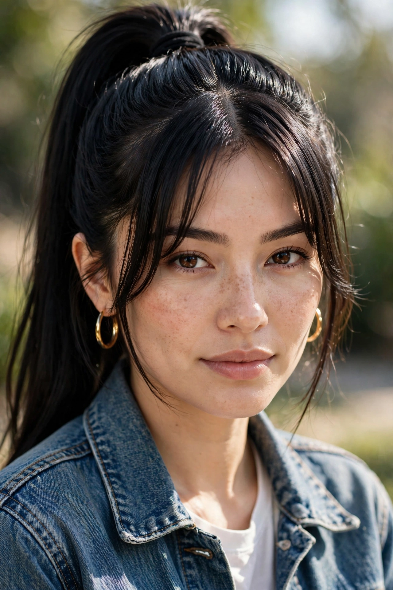 High ponytail with loose curtain bangs framing the face