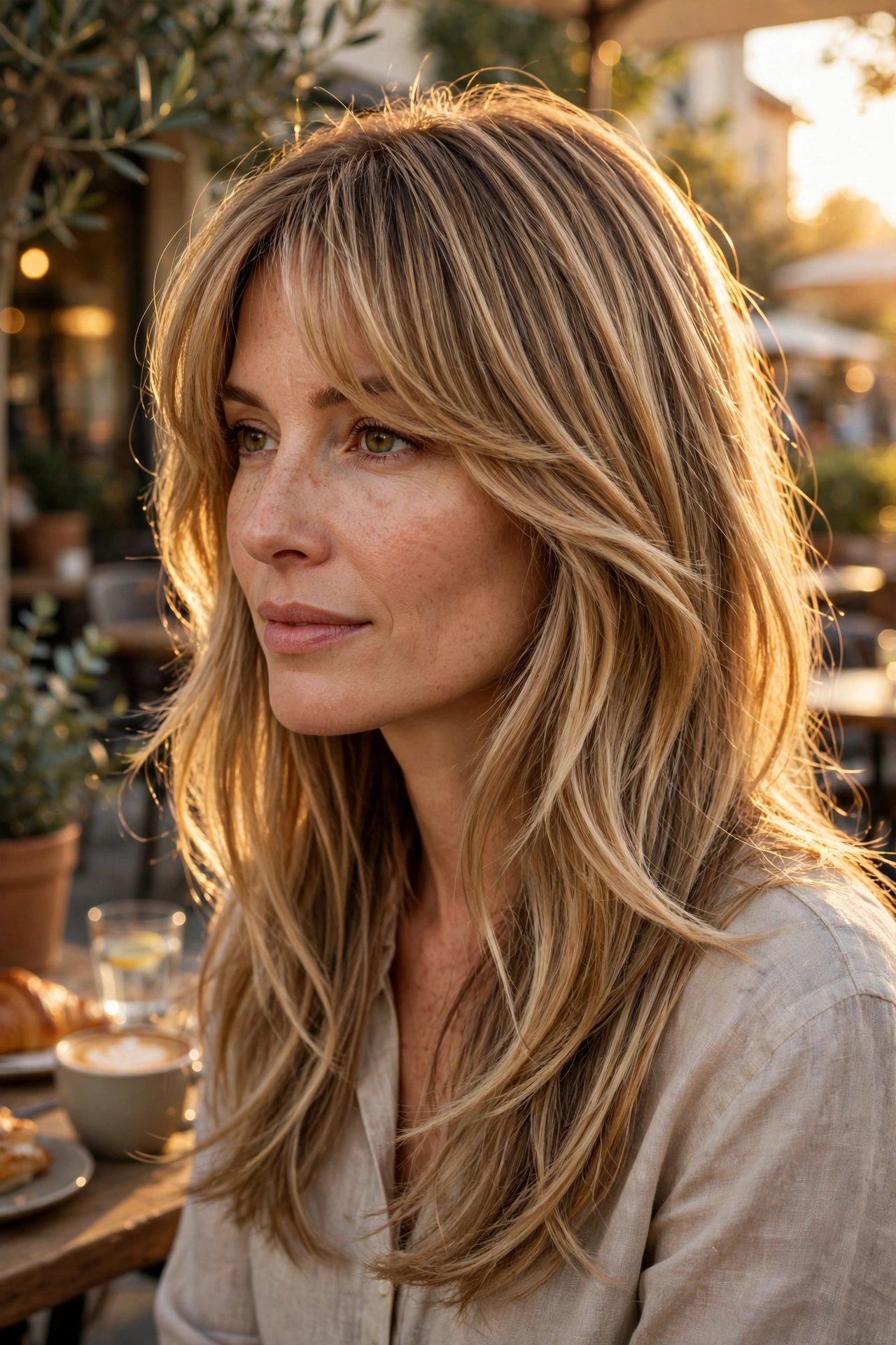 Honey blonde balayage hair with feathery curtain bangs