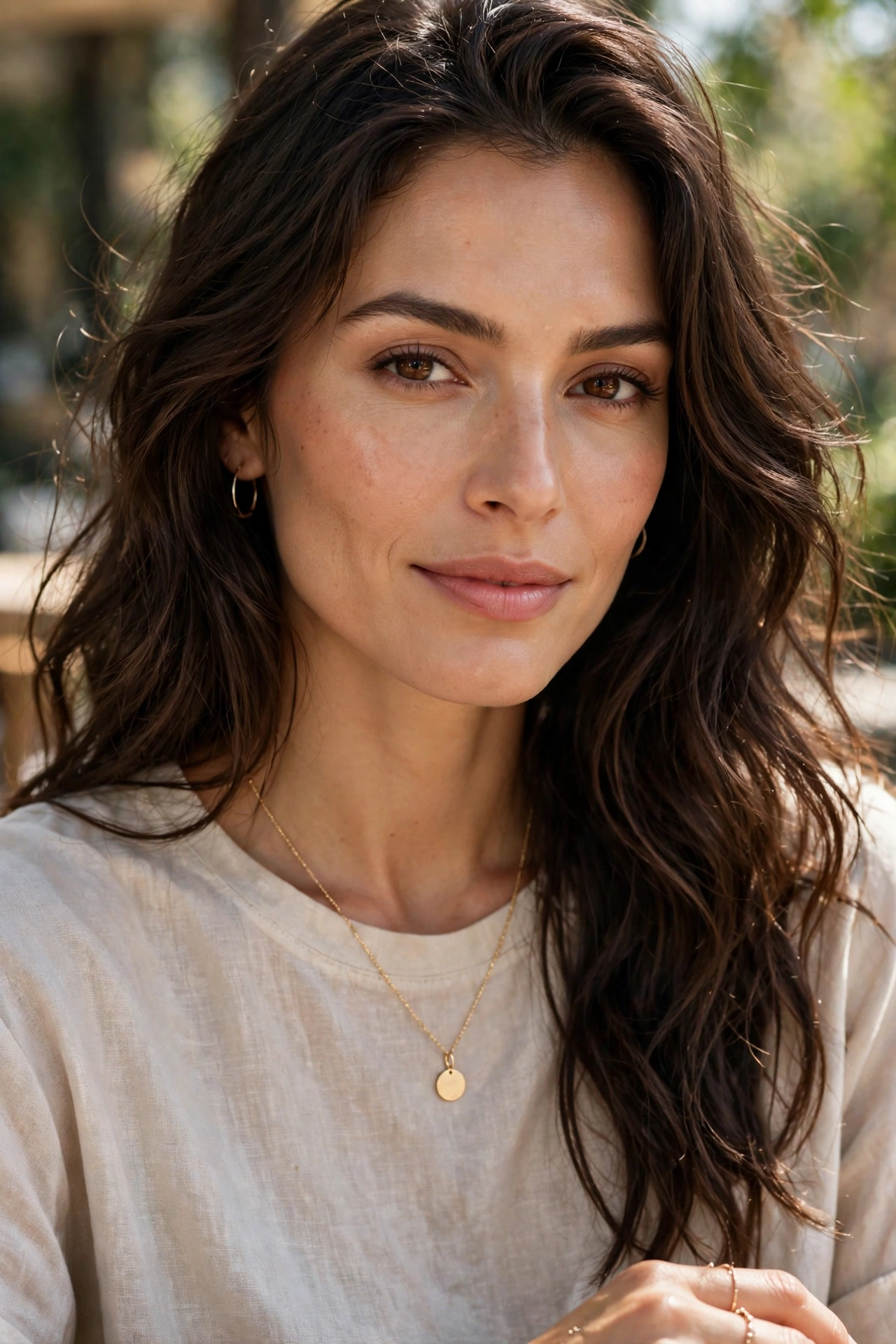Woman wearing a dainty gold pendant necklace with a soft neutral top