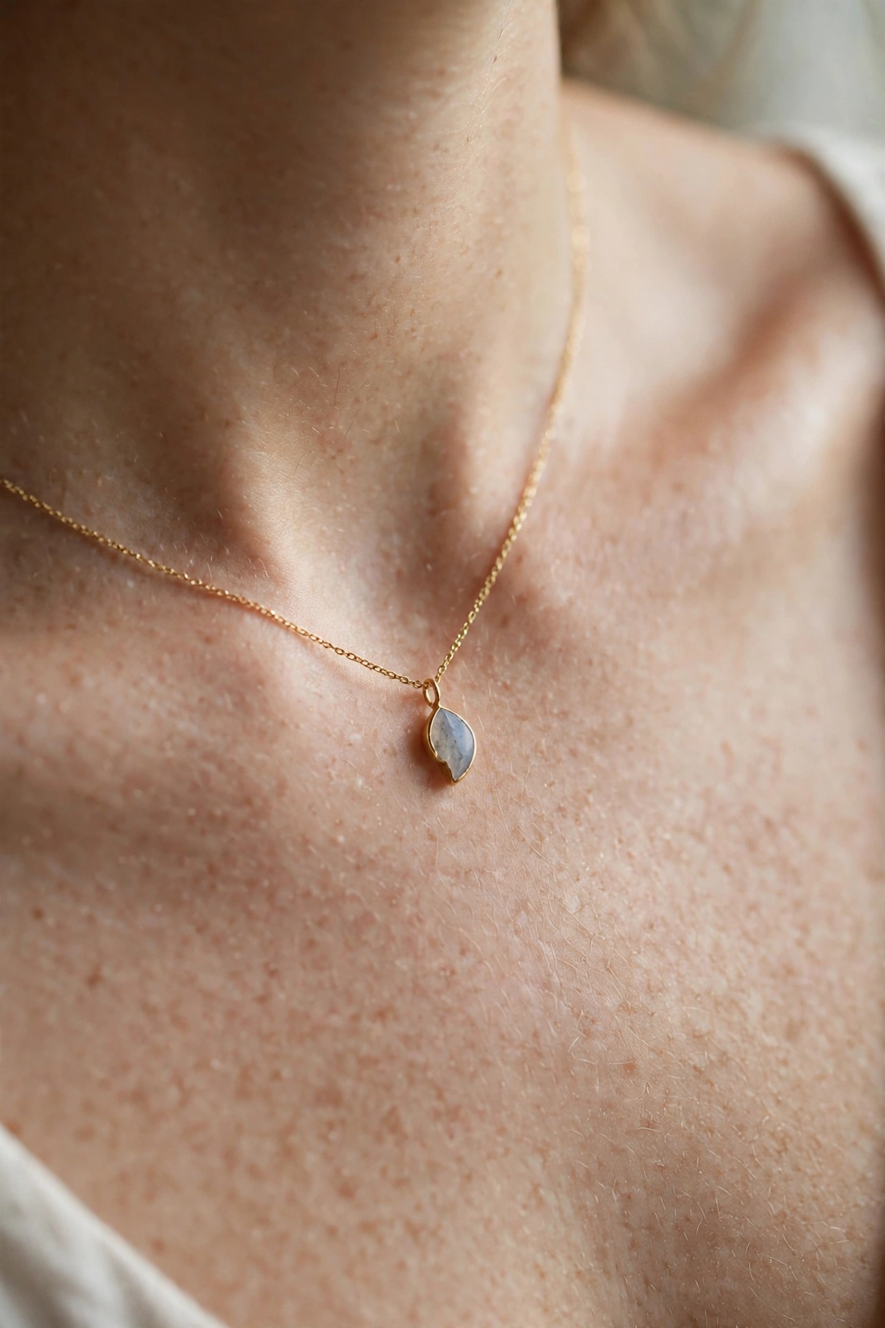 Close-up detail of a dainty pendant necklace resting at the collarbone
