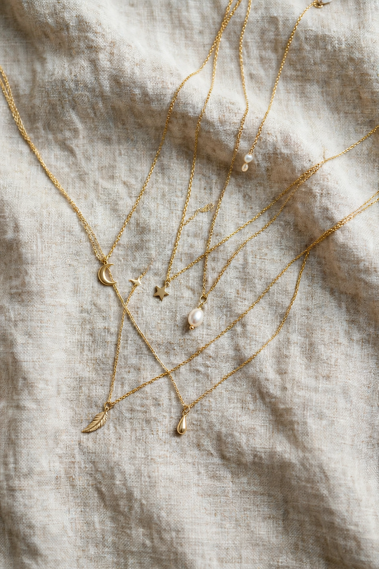 Flat lay of layered dainty necklaces with pendants on linen fabric