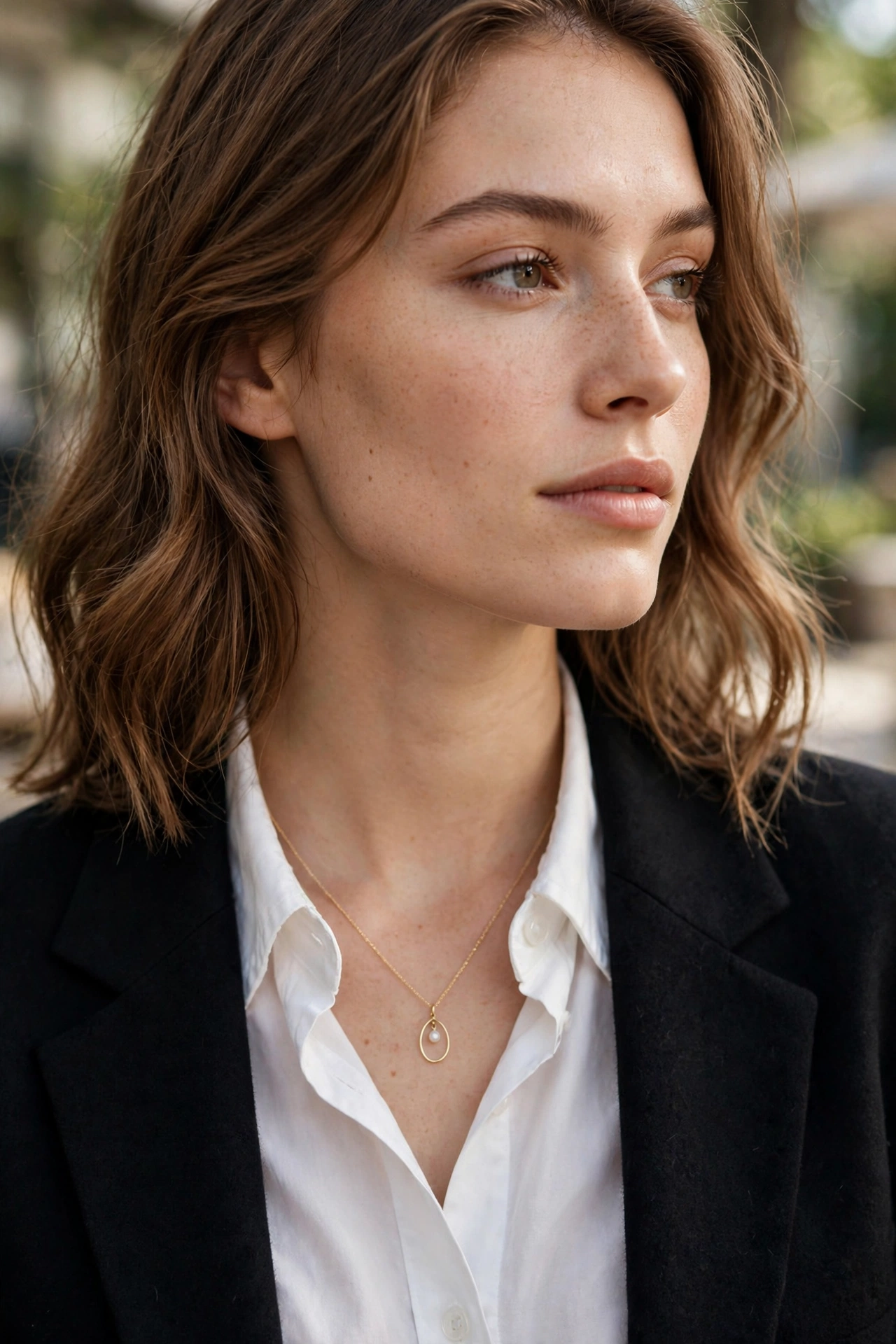 Dainty pendant necklace worn layered over a shirt with a blazer