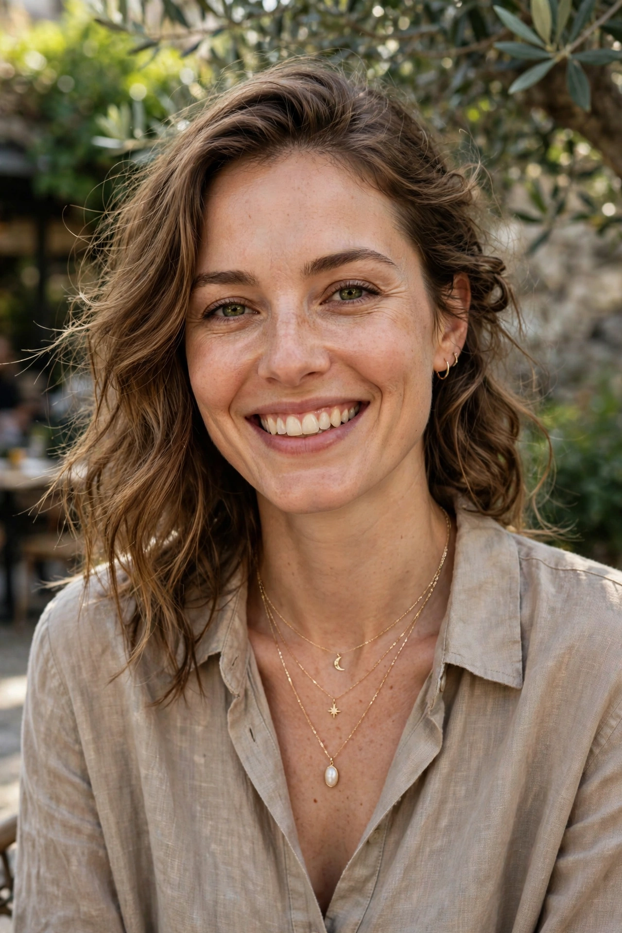 Woman smiling outdoors wearing layered dainty pendant necklaces