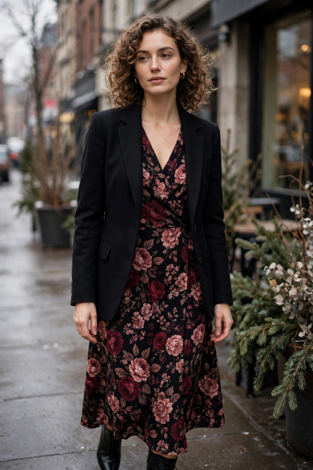 Dark floral dress outfit with black blazer and ankle boots for winter