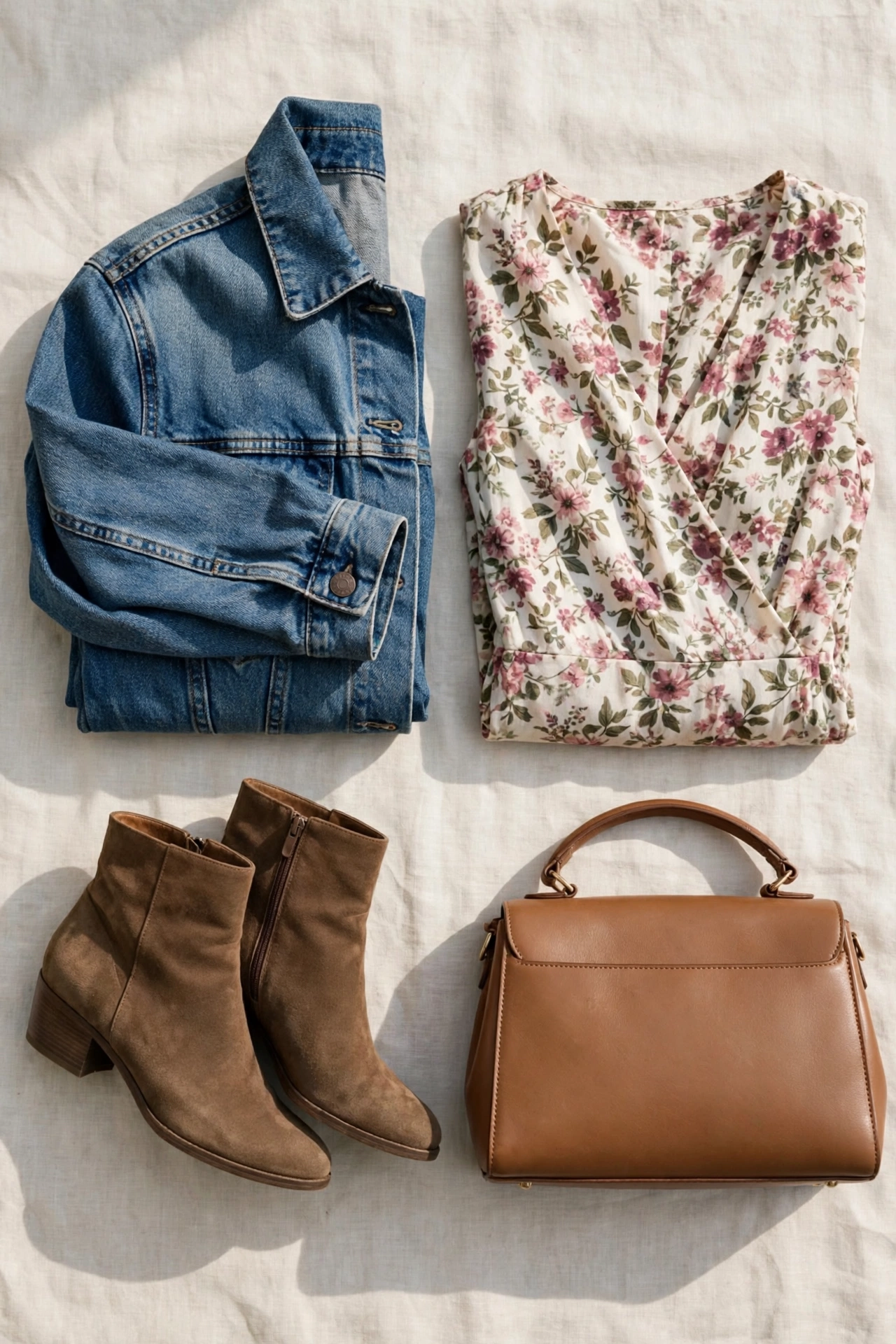 Flat-lay of a folded denim jacket with a floral dress, ankle boots and a handbag