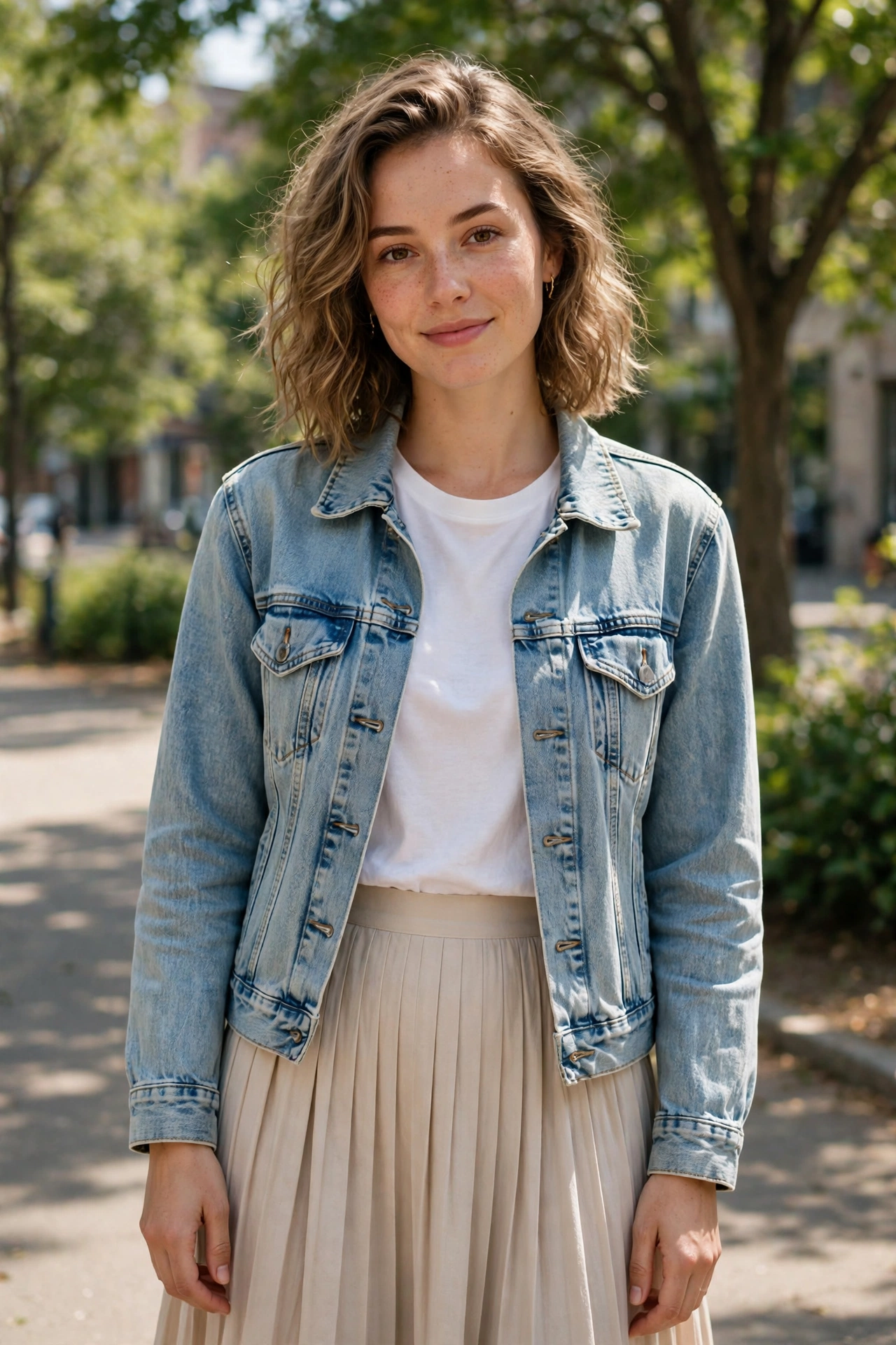 Light-wash denim jacket layered over a white T-shirt and a pleated skirt