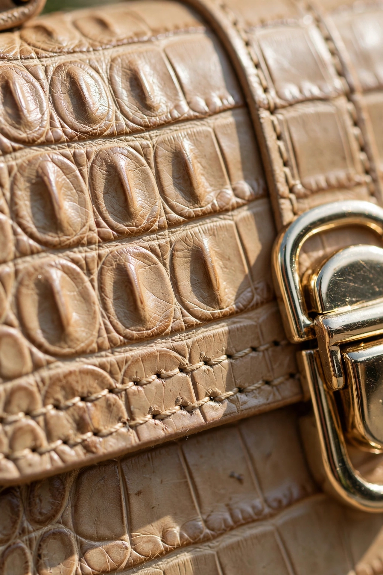 Close-up of embossed croc texture, stitching and metal hardware on a handbag