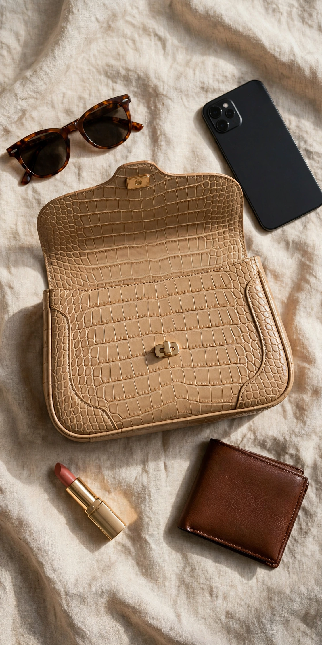 Flat lay of an embossed croc handbag with wallet, sunglasses and everyday essentials