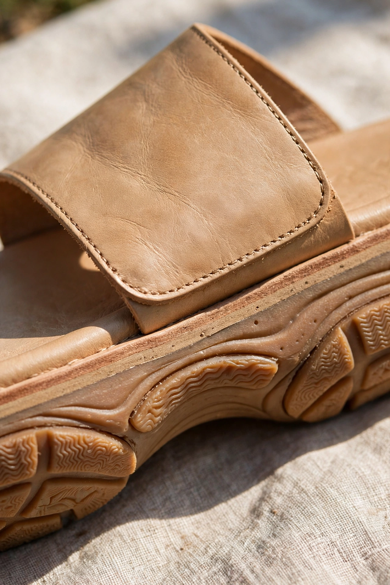 Close-up detail of a flat leather mule sandal showing its strap and shaped sole