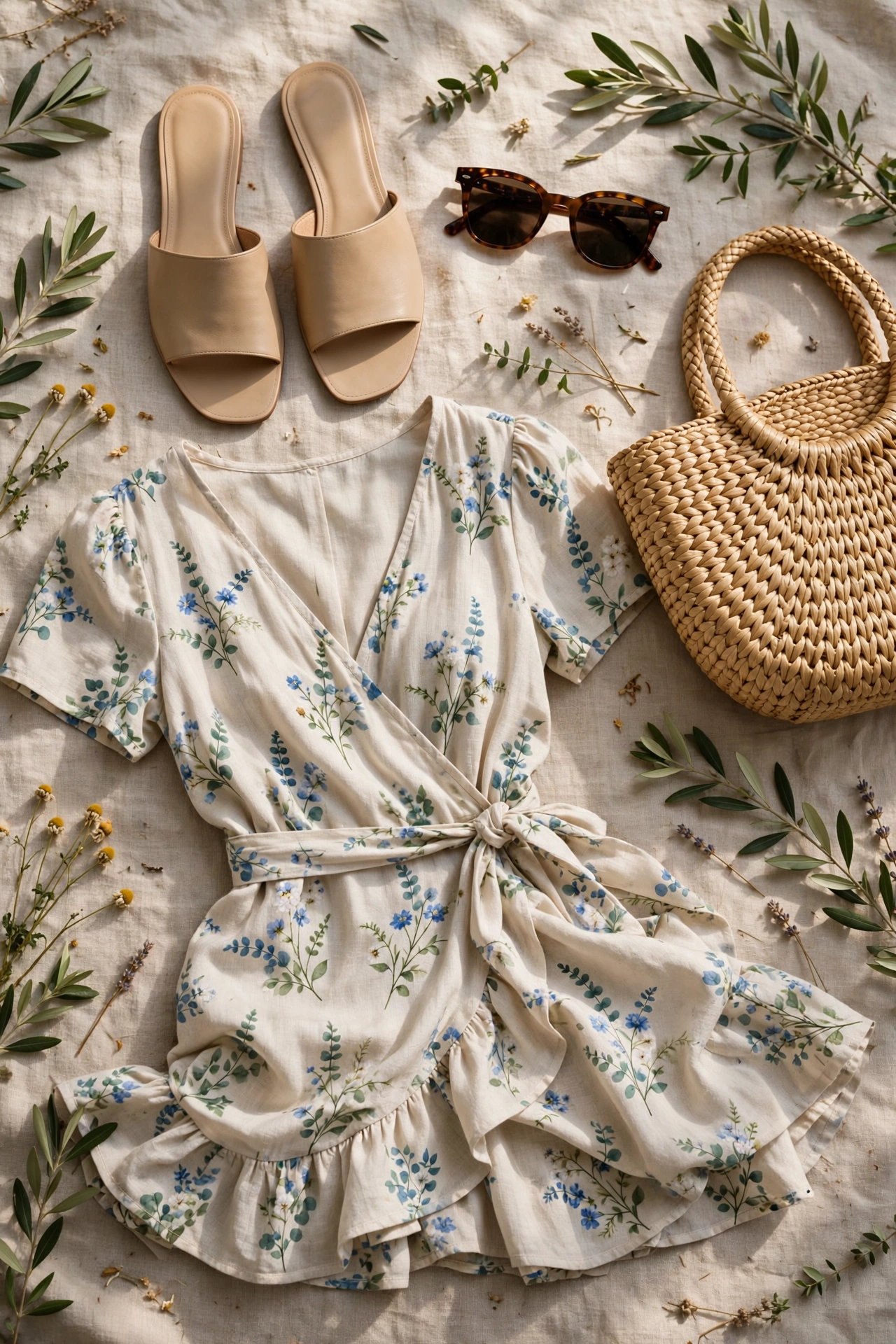 Flat lay of flat mule sandals with sunglasses, a straw bag and a summer dress