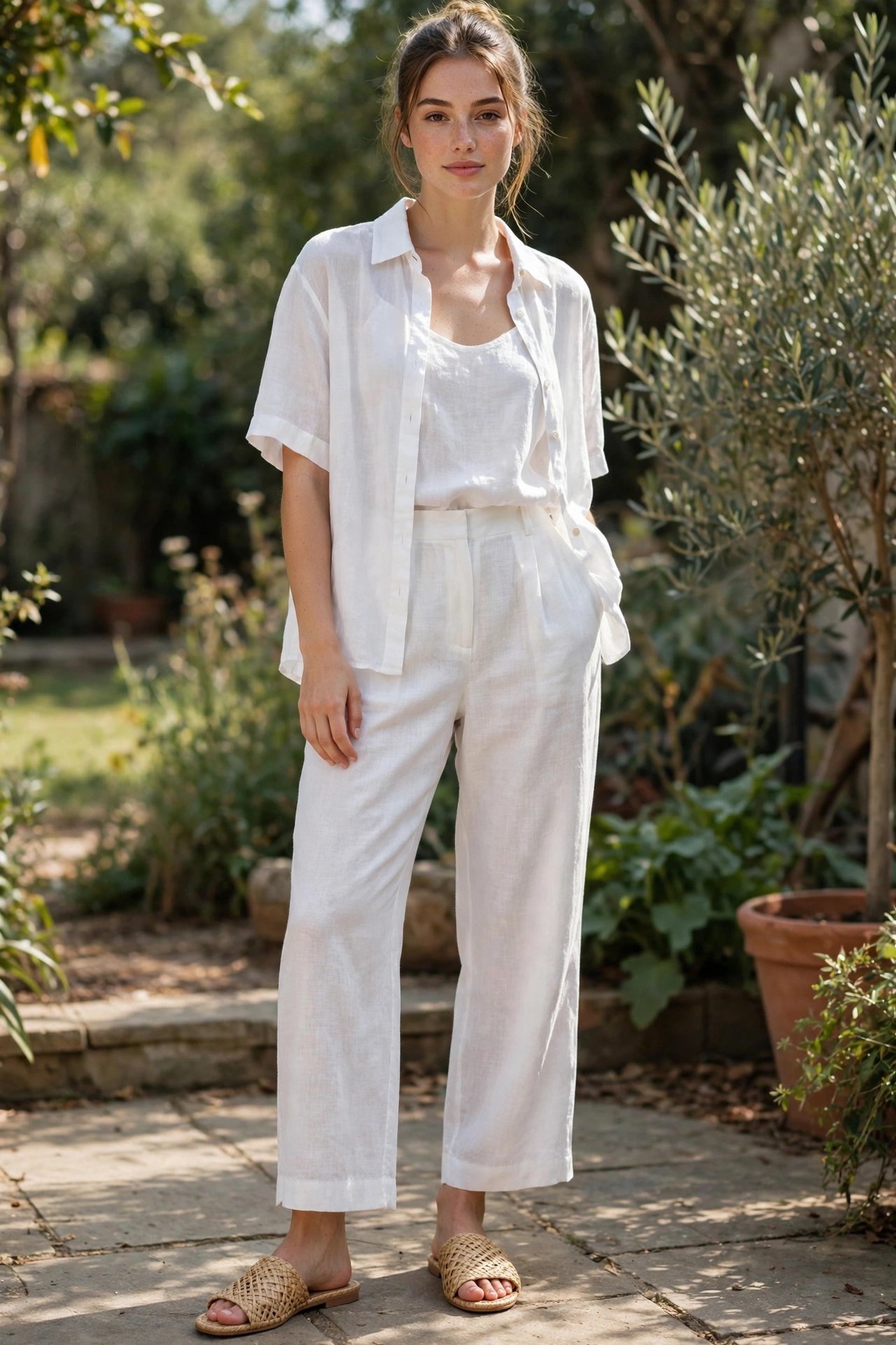 Woman wearing woven flat mule sandals with a white summer outfit