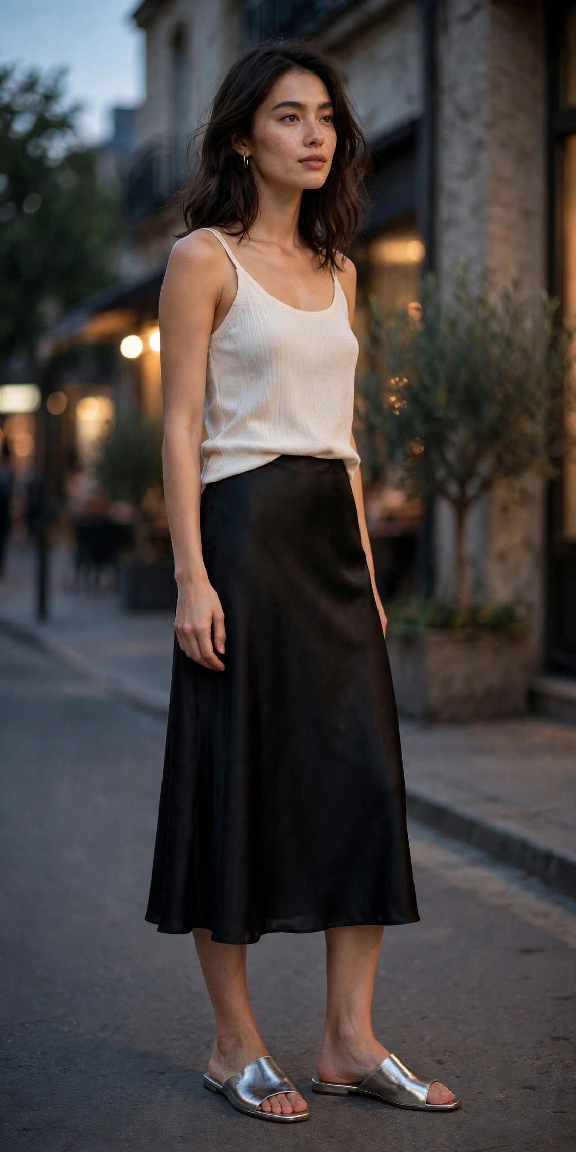 Woman wearing metallic flat mule sandals with a slip skirt in the evening