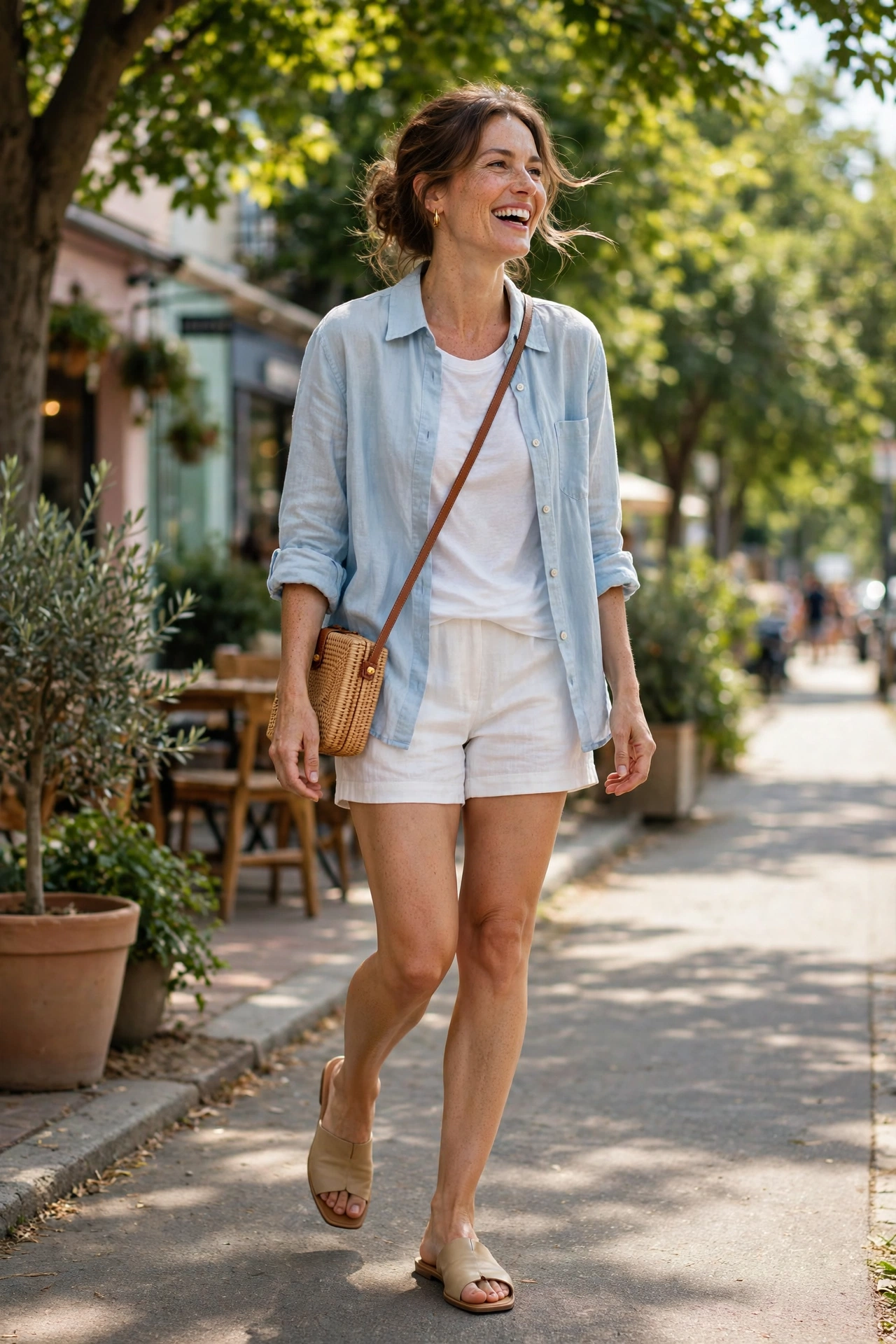 Woman walking happily outdoors in flat mule sandals on a summer day