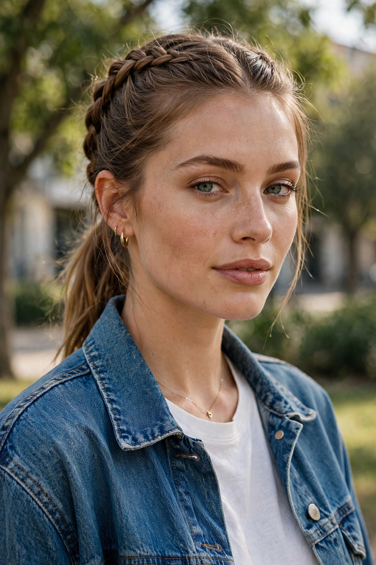 Woman with a neat French braid ponytail wearing a casual outfit outdoors