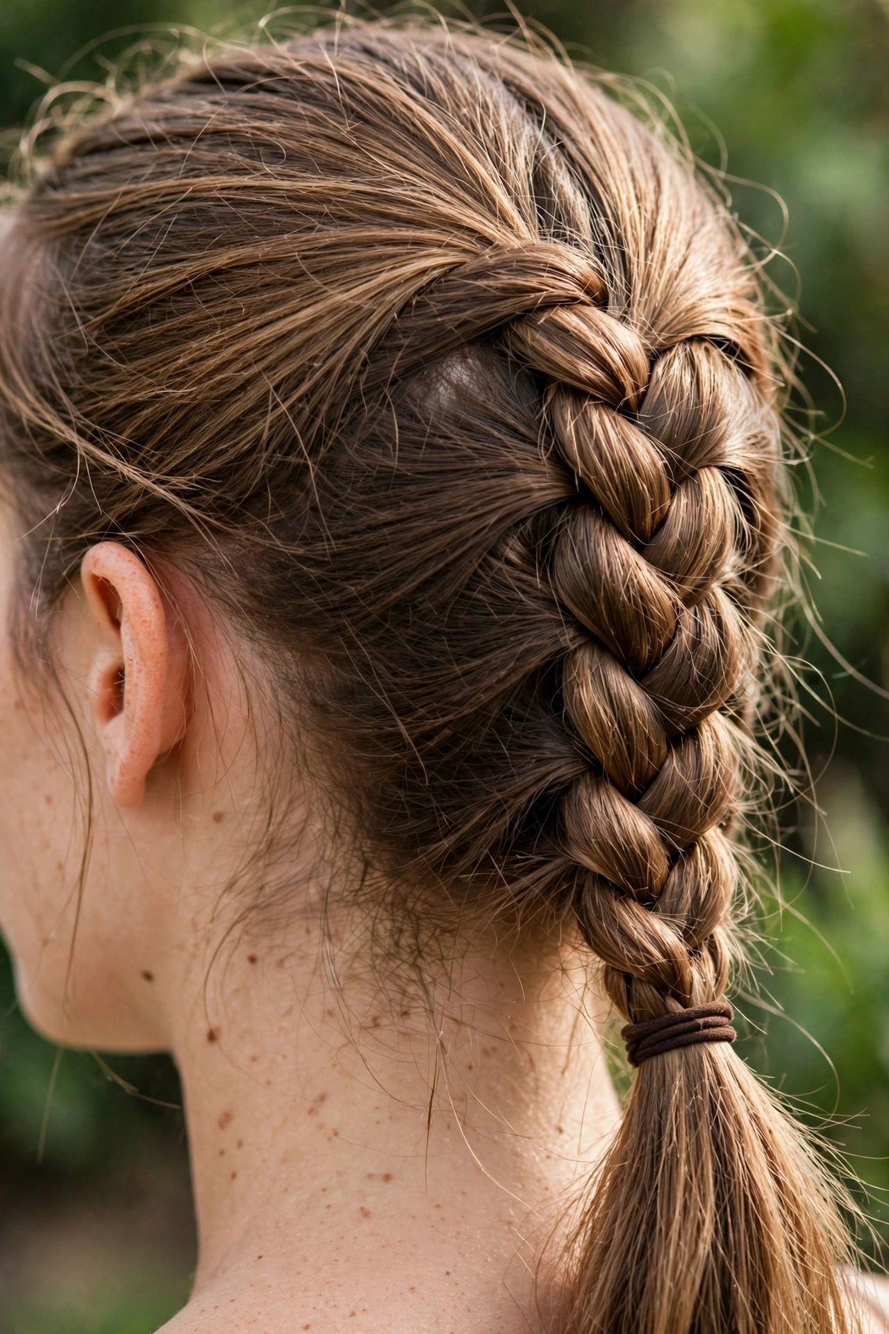 Close-up detail of a French braid woven neatly into a ponytail