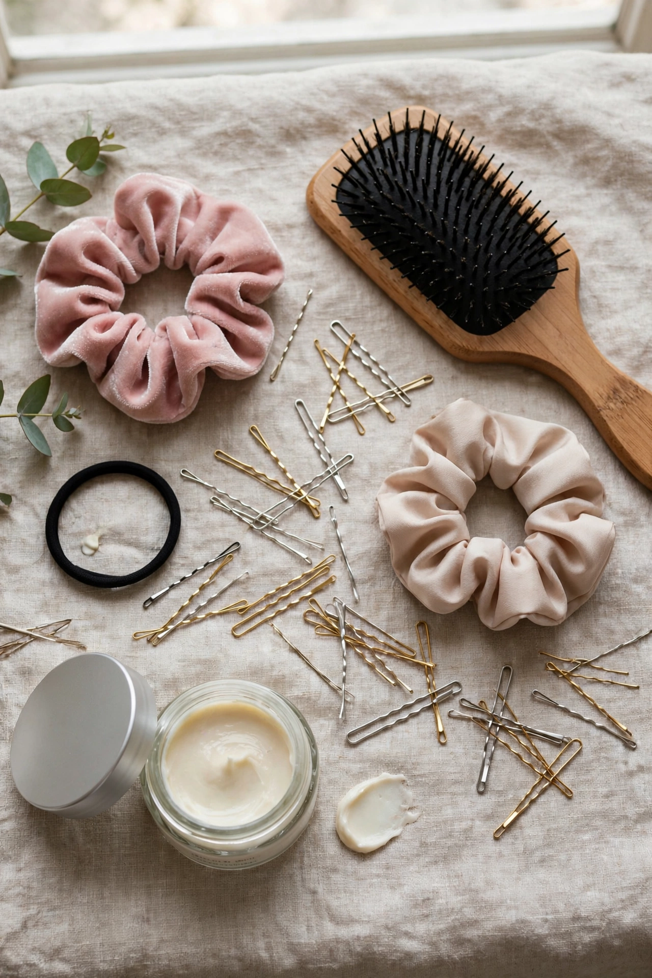 Flat lay of hair elastics, pins, a brush and smoothing cream on a dressing table