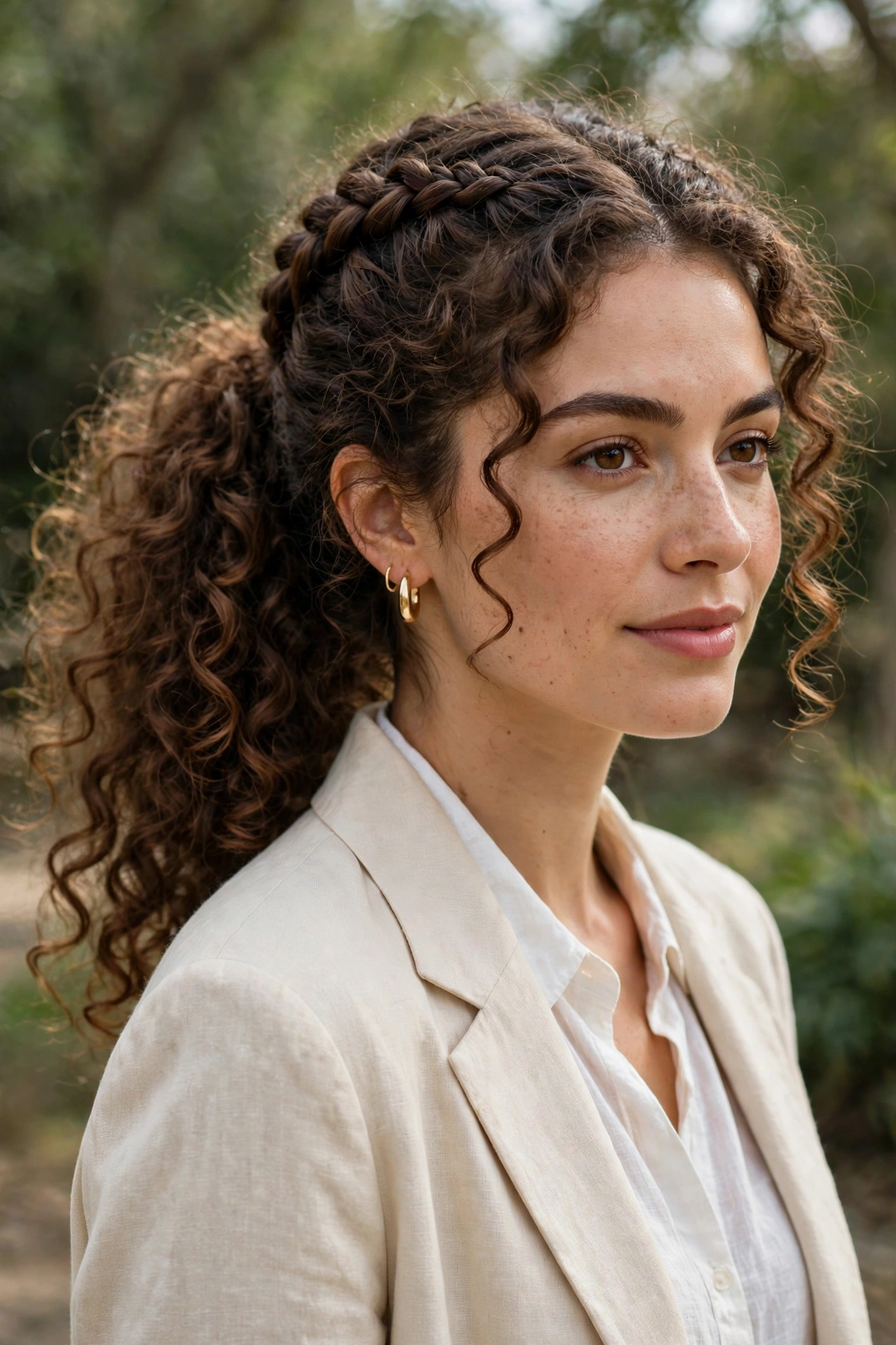 Woman with curly hair wearing a French braid ponytail with the curls loose in the tail