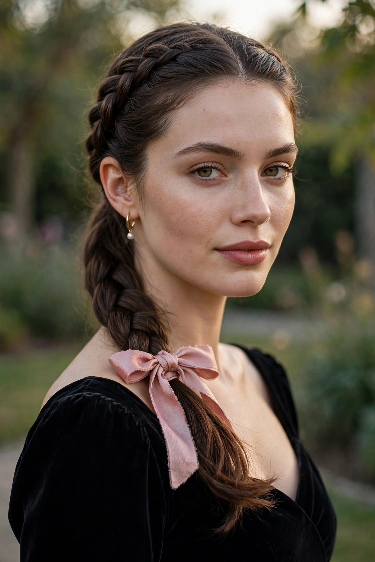 French braid ponytail decorated with a ribbon for an evening look