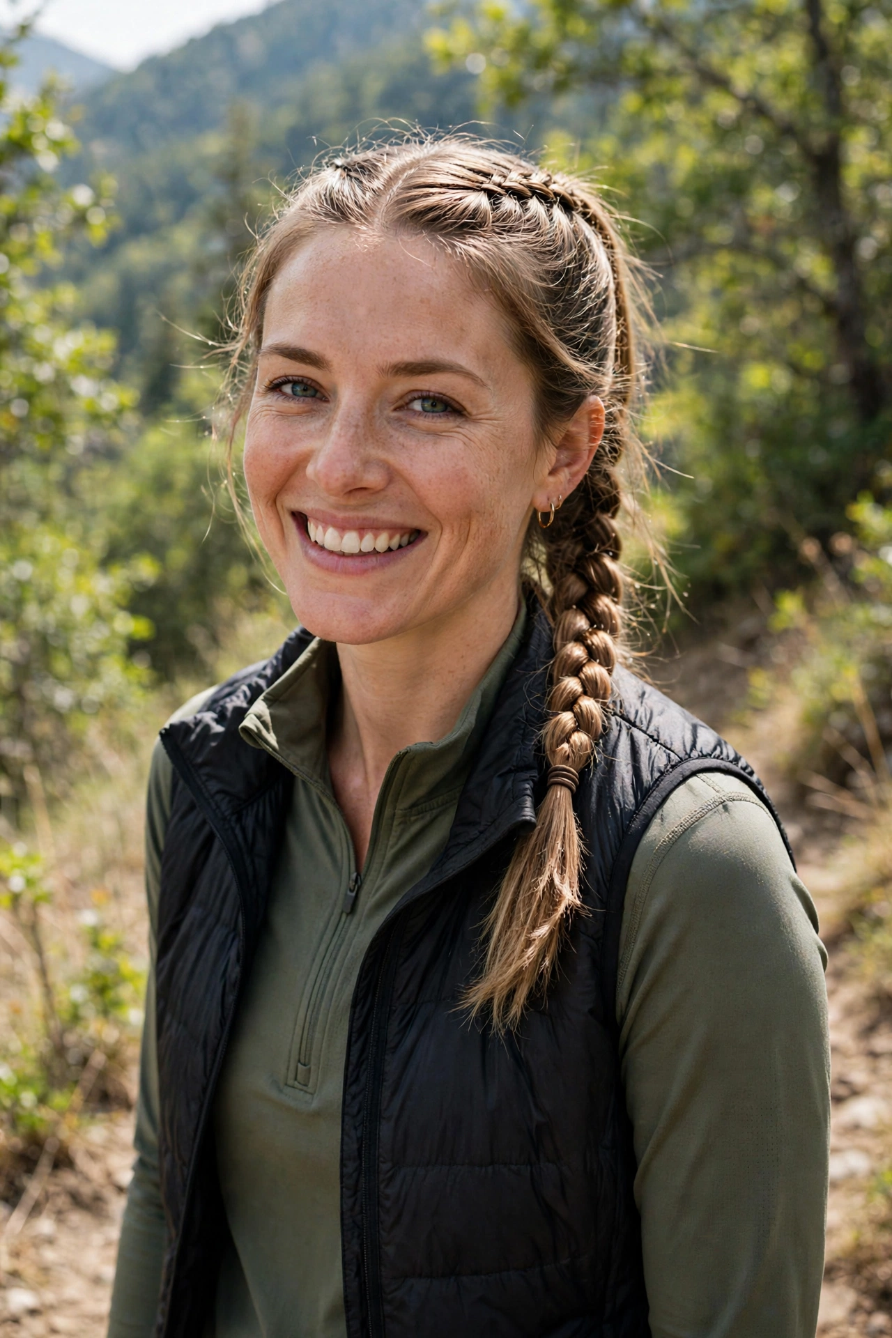 Woman smiling outdoors with a French braid ponytail on an active day