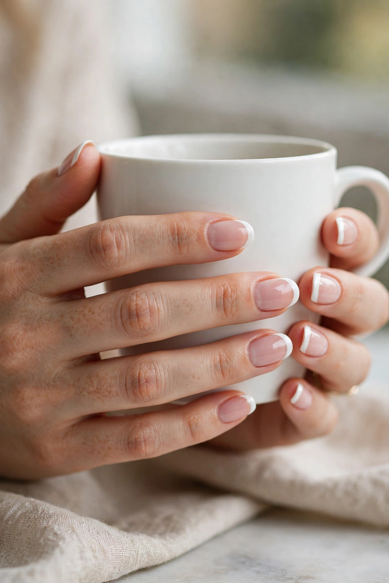 Woman holding a white coffee cup showing a classic French manicure with crisp white tips and a soft pink nude base
